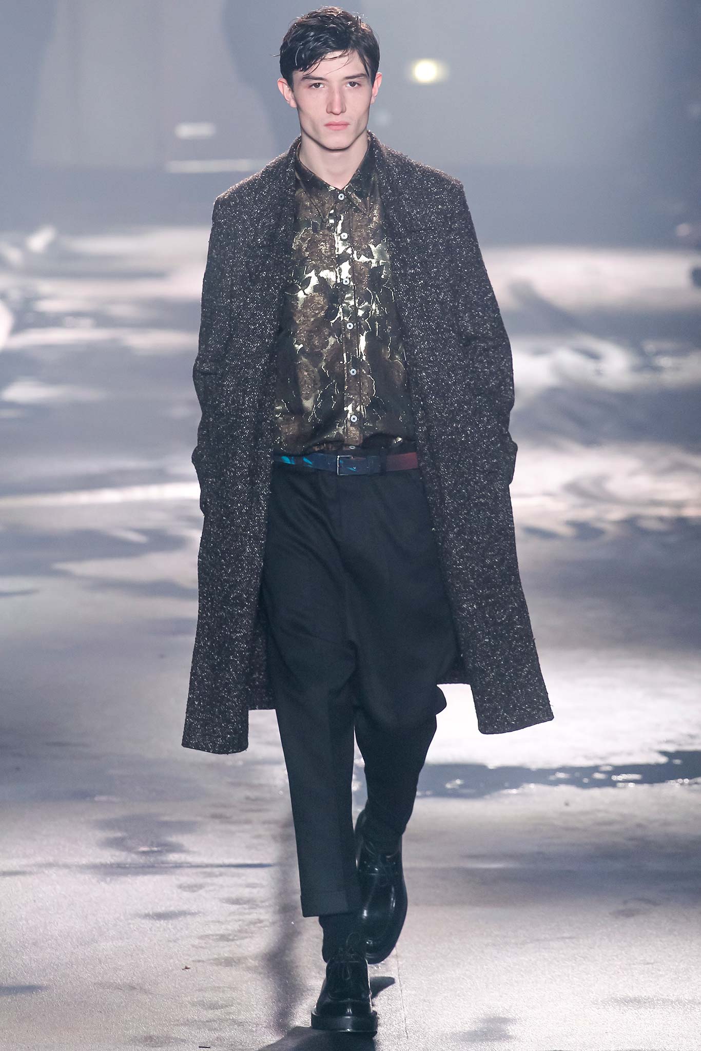 brown wool coat with printed shirt