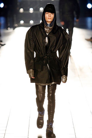 black leather long-sleeve hooded oversized belted coat