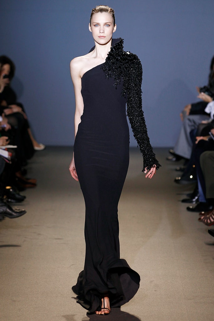 black silk off-shoulder gown