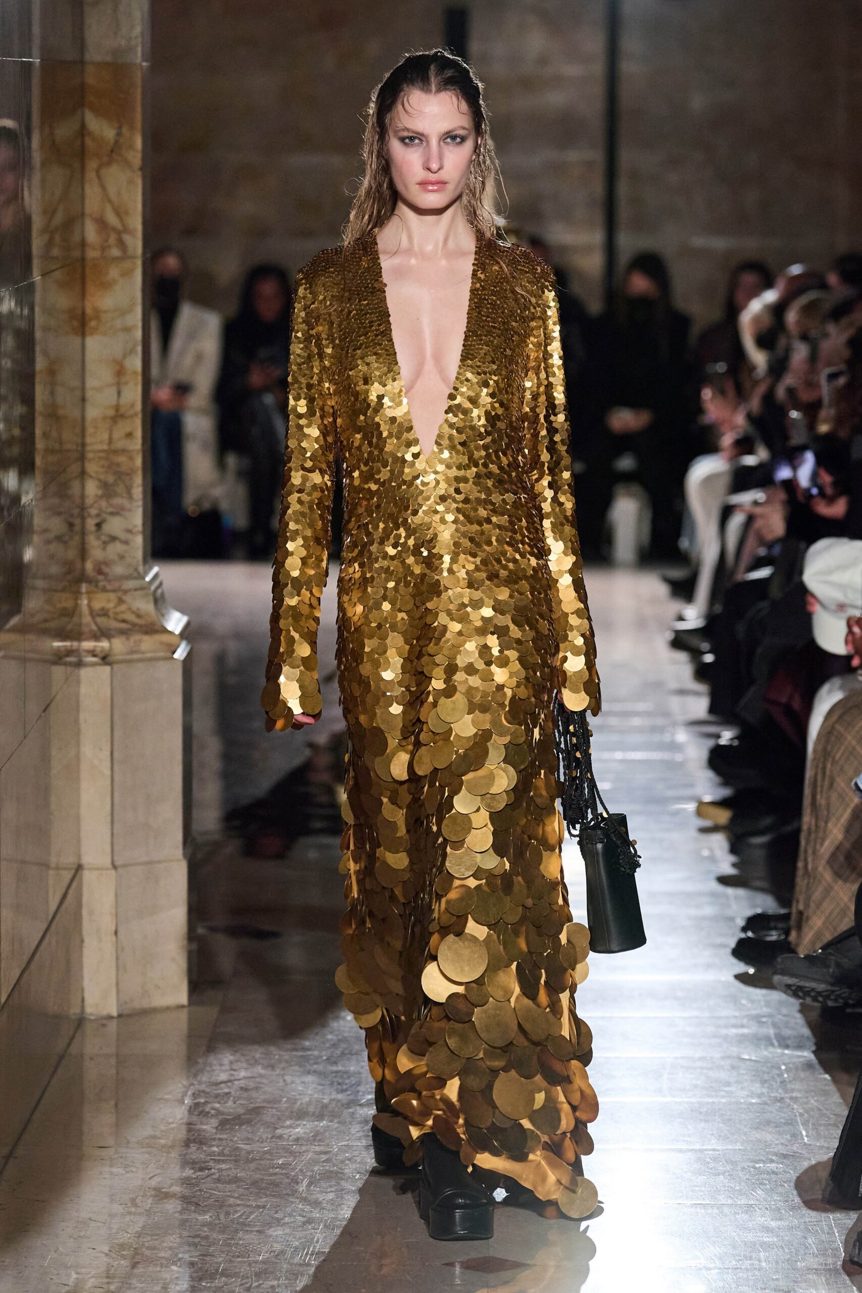 gold sequin fitted gown