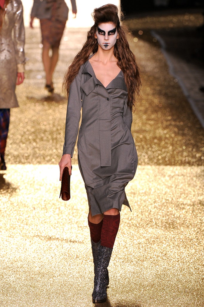 gray cotton long-sleeve v-neck fitted buttoned draped dress