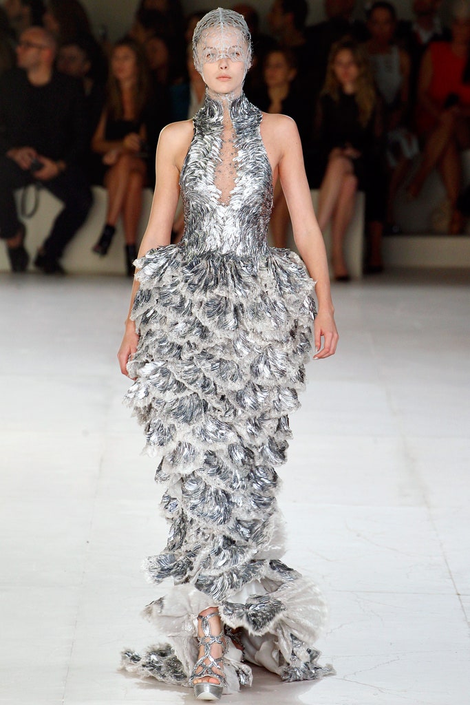 silver ruffled sleeveless gown
