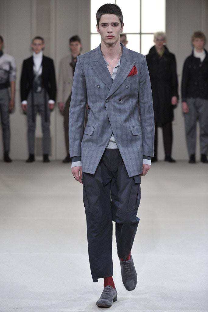 gray checked tailored blazer and black cargo pants