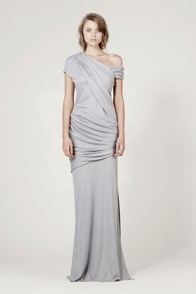 gray fitted off-shoulder gown