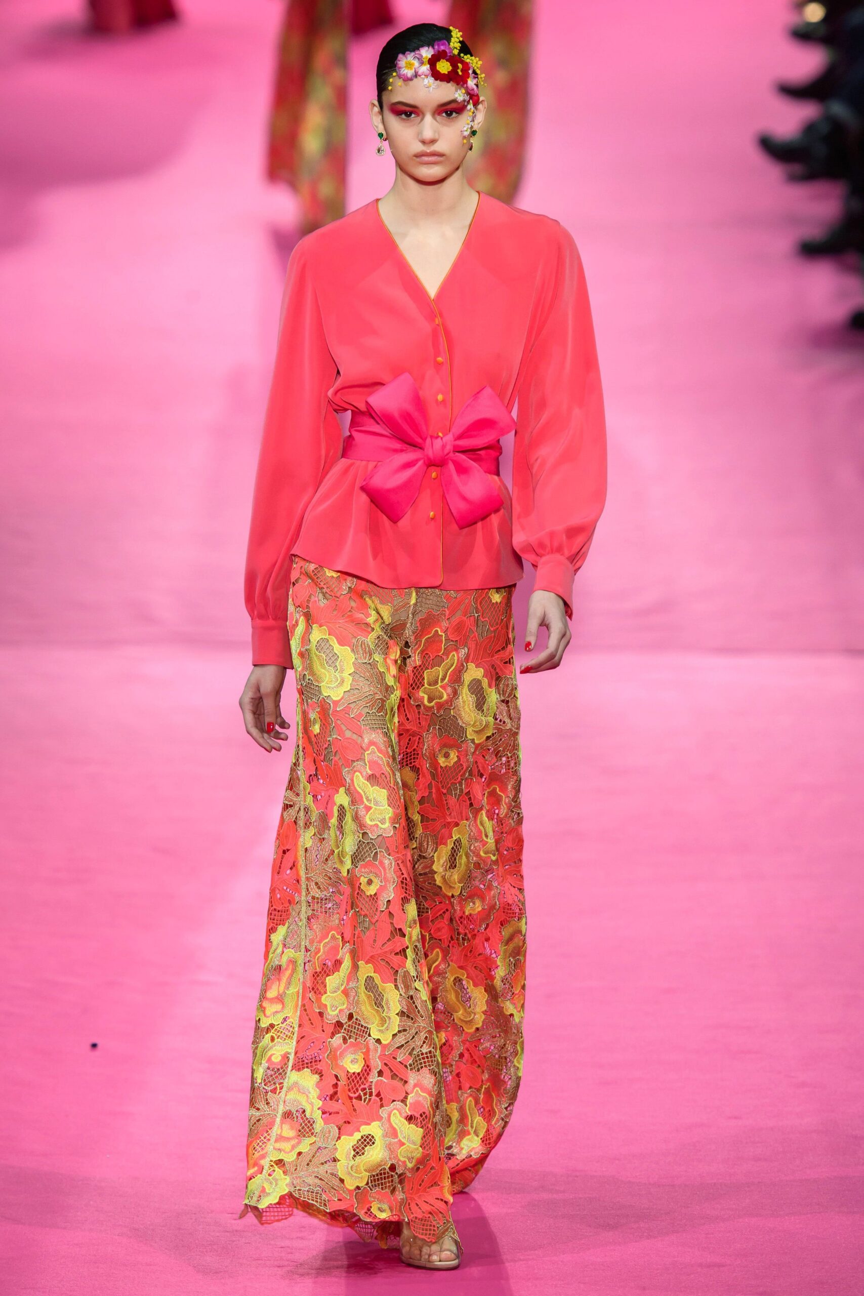 pink silk blouse with floral pants