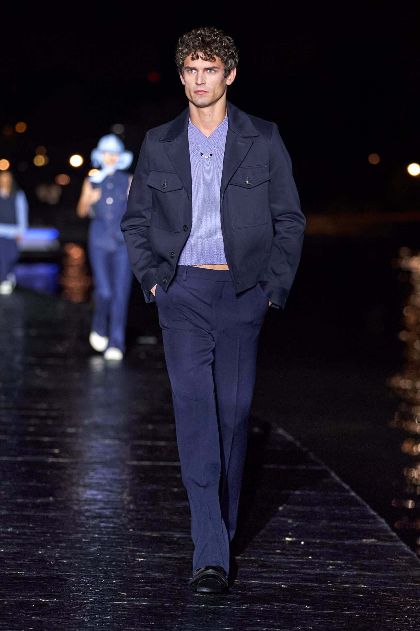 navy tailored jacket with purple sweater