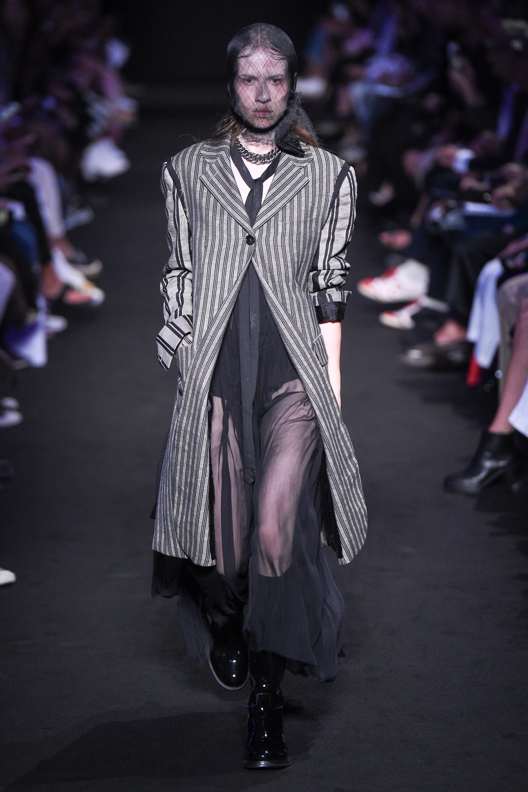 black silk long-sleeve collared fitted striped sheer coat
