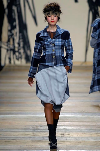 blue checked jacket with gray skirt