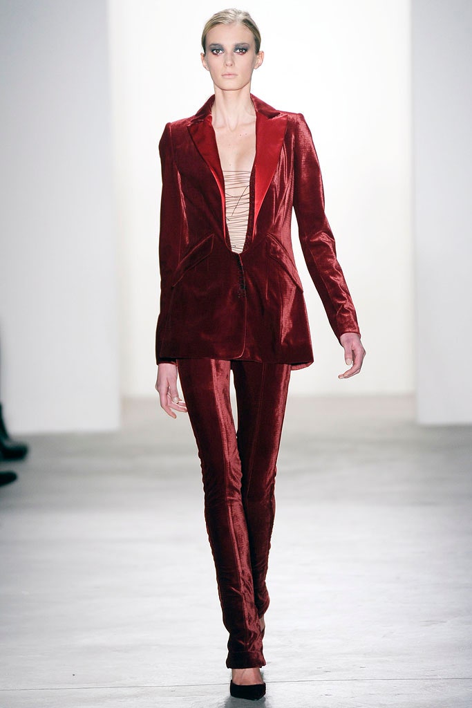 red velvet tailored blazer and slim pants