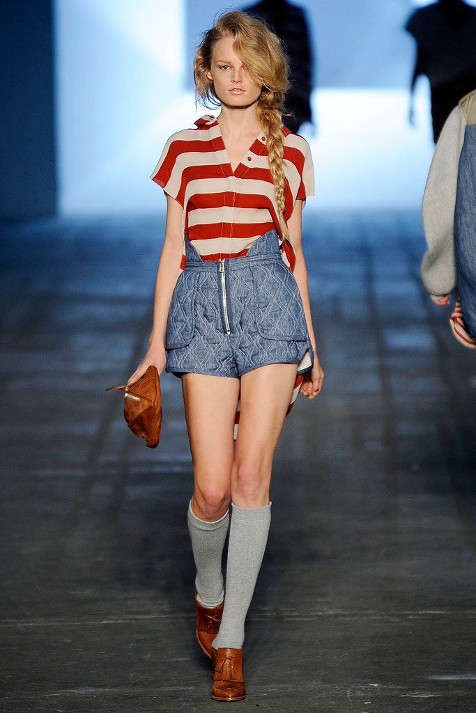 red and white striped top with denim shorts