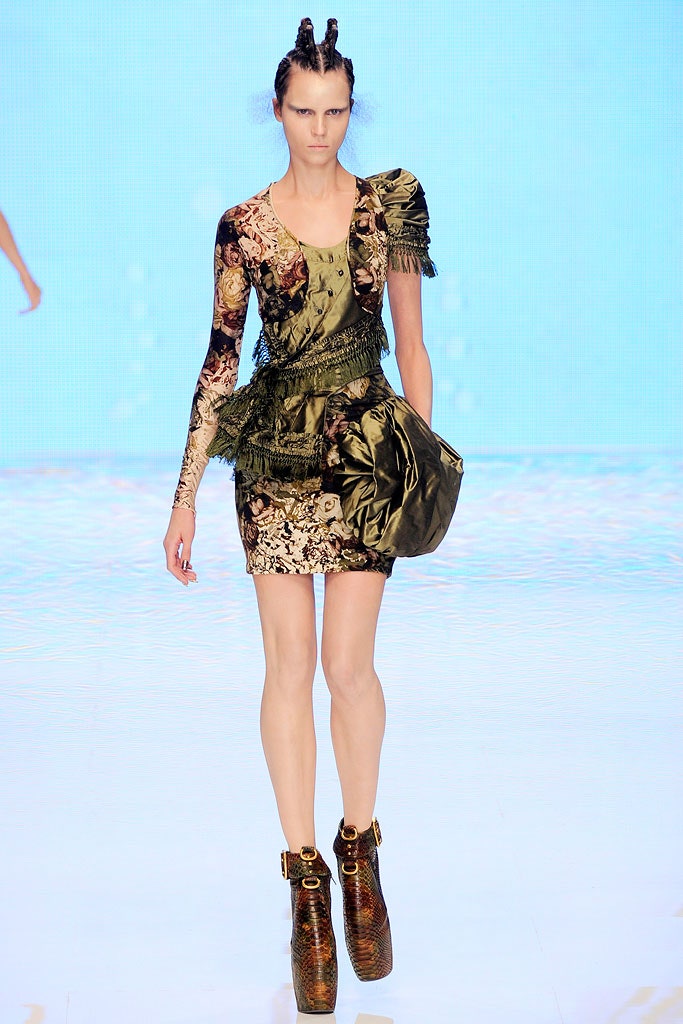 green silk long-sleeve v-neck fitted ruffled flared dress