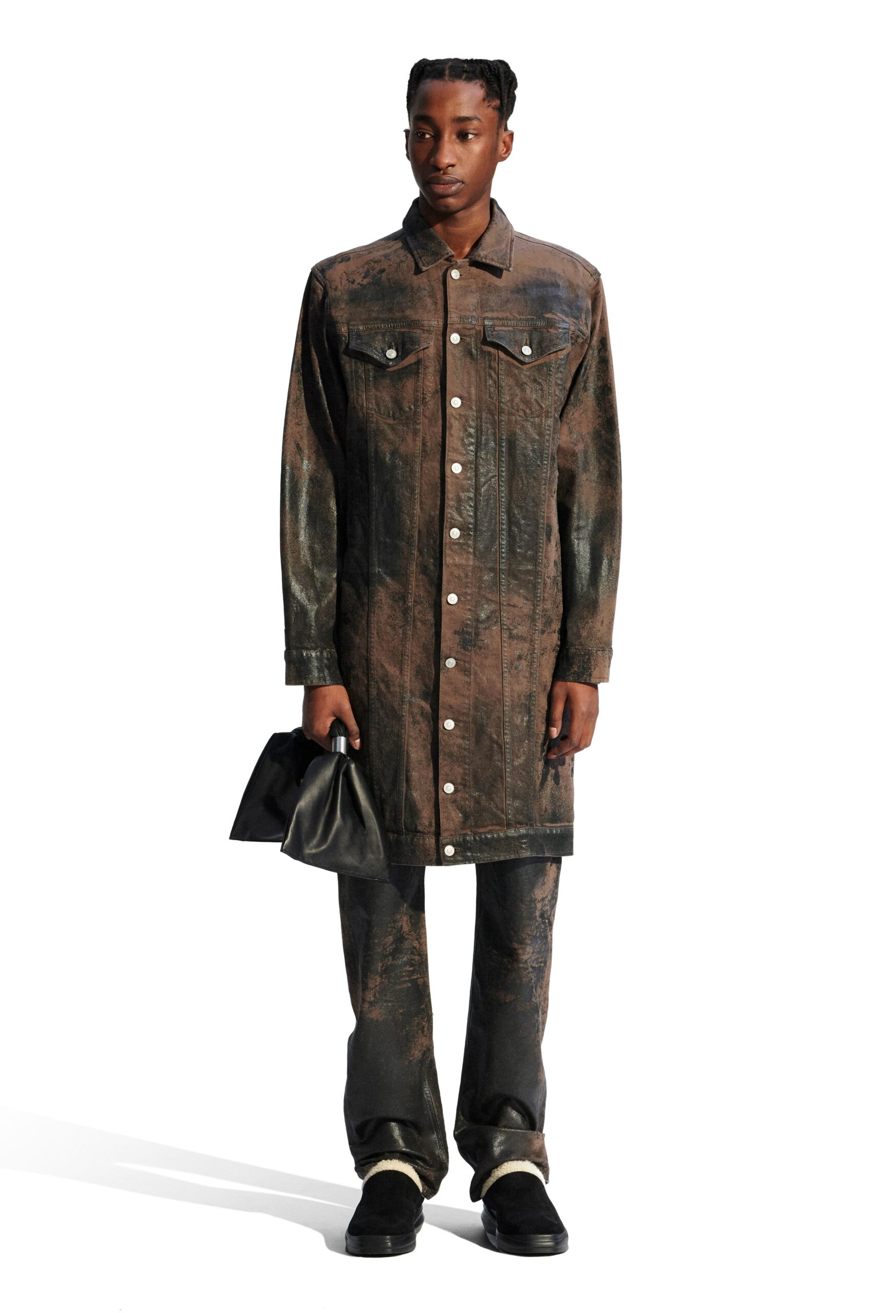 brown denim long-sleeve collared relaxed buttoned midi coat