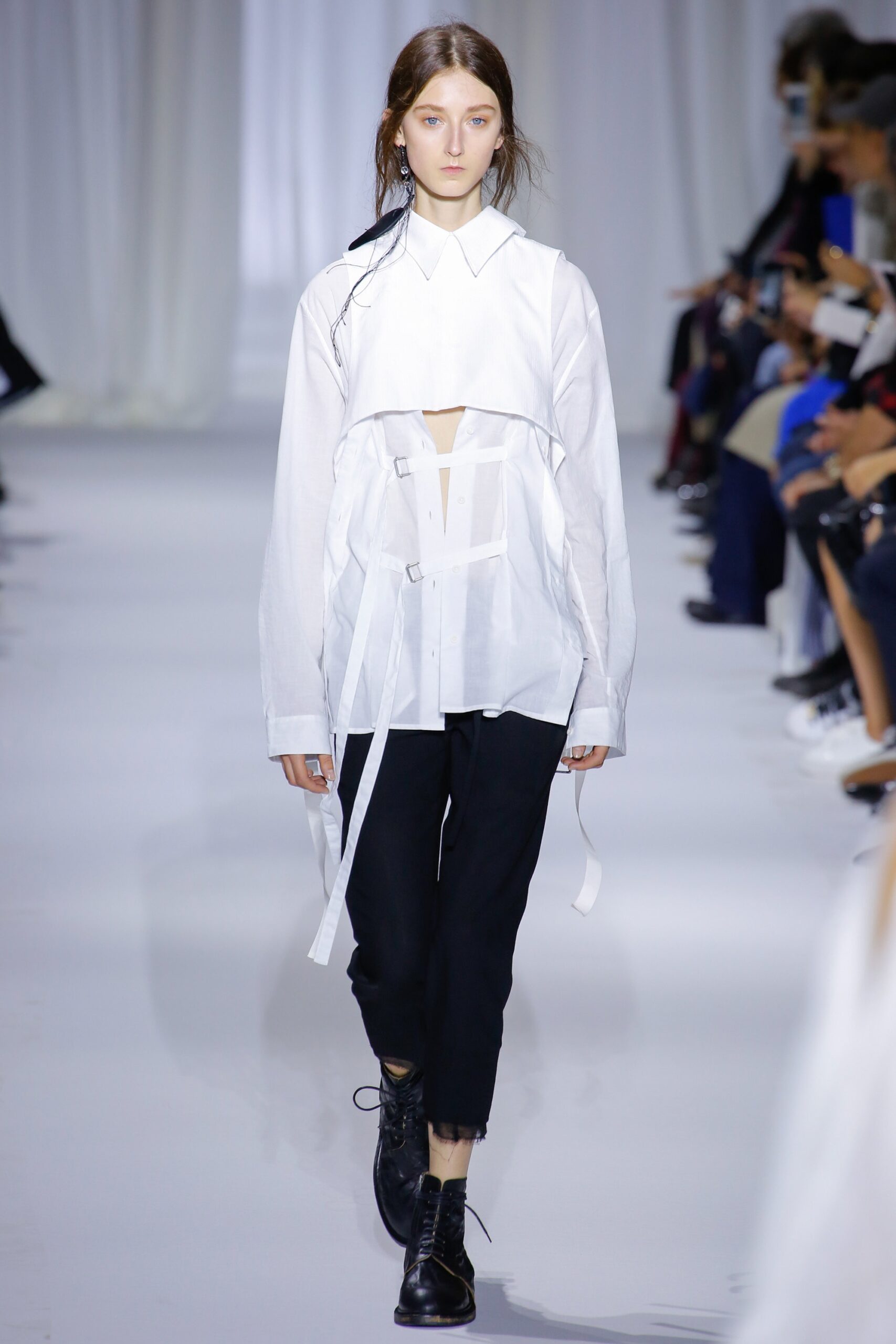 white cotton long-sleeve collared relaxed buttoned layered shirt
