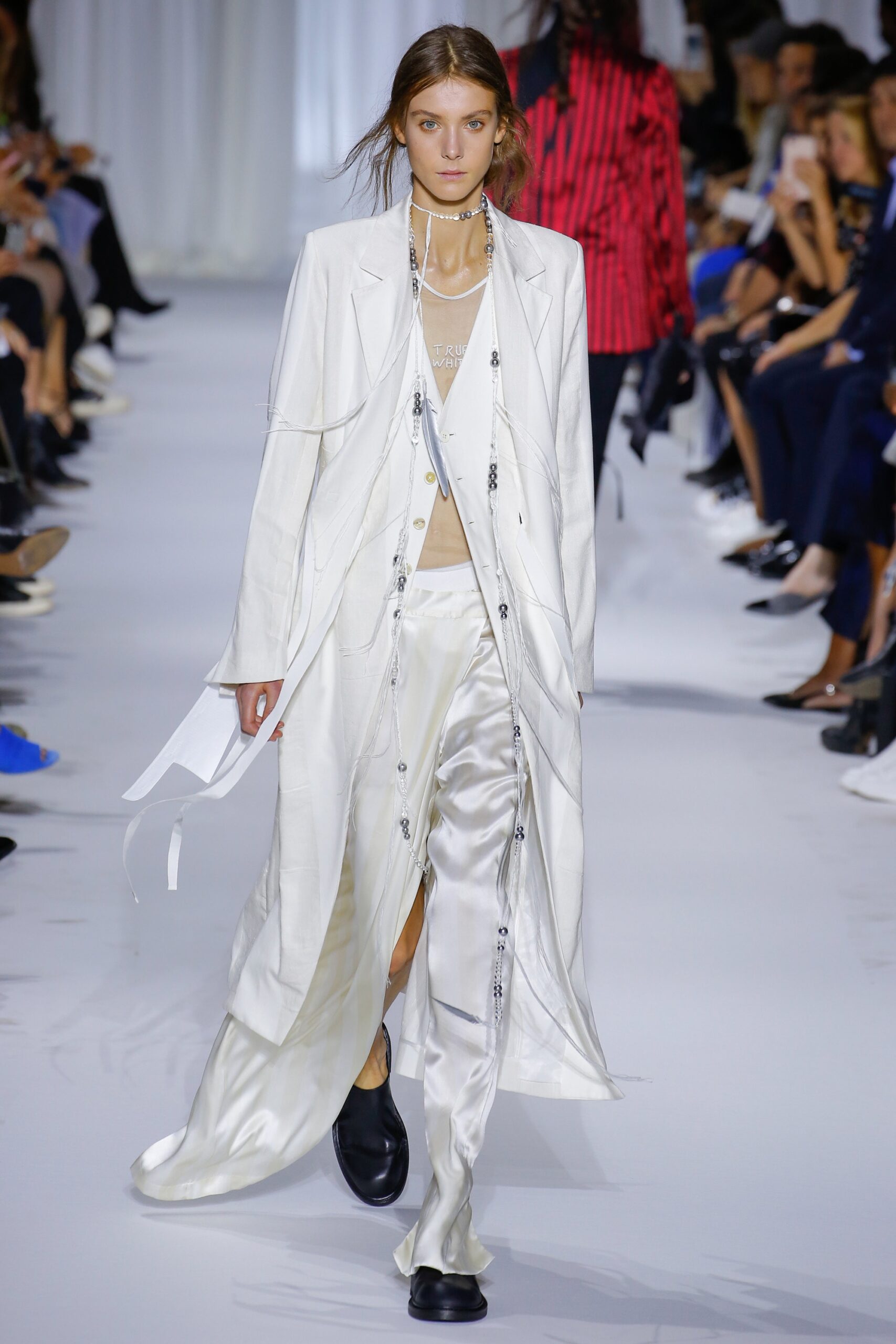 white silk long-sleeve collared relaxed draped midi coat