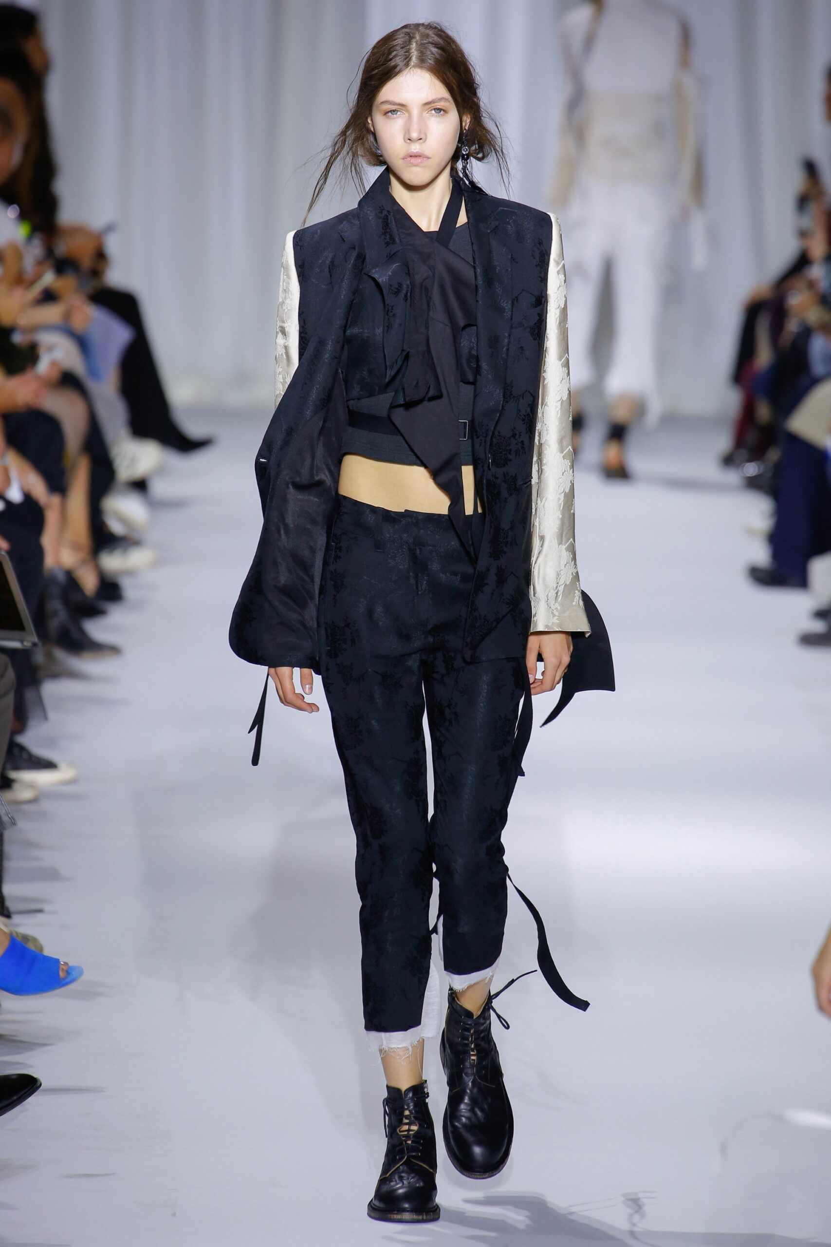 black silk long-sleeve collared fitted layered jacket