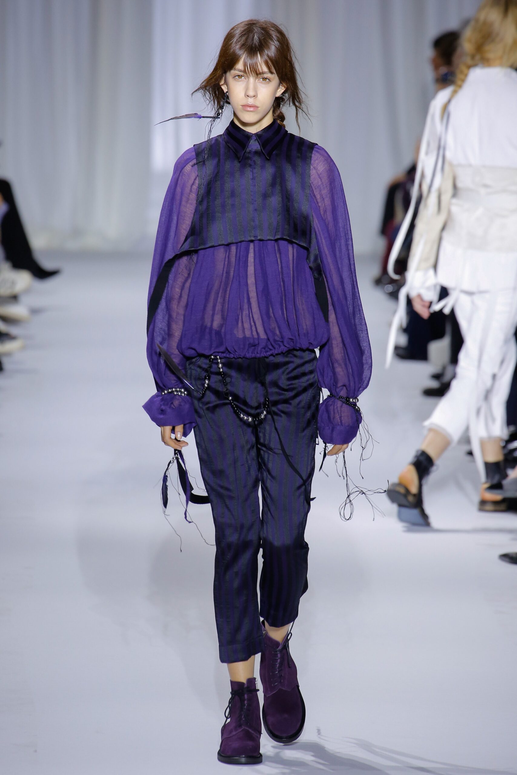 purple silk long-sleeve collared relaxed pleated sheer top