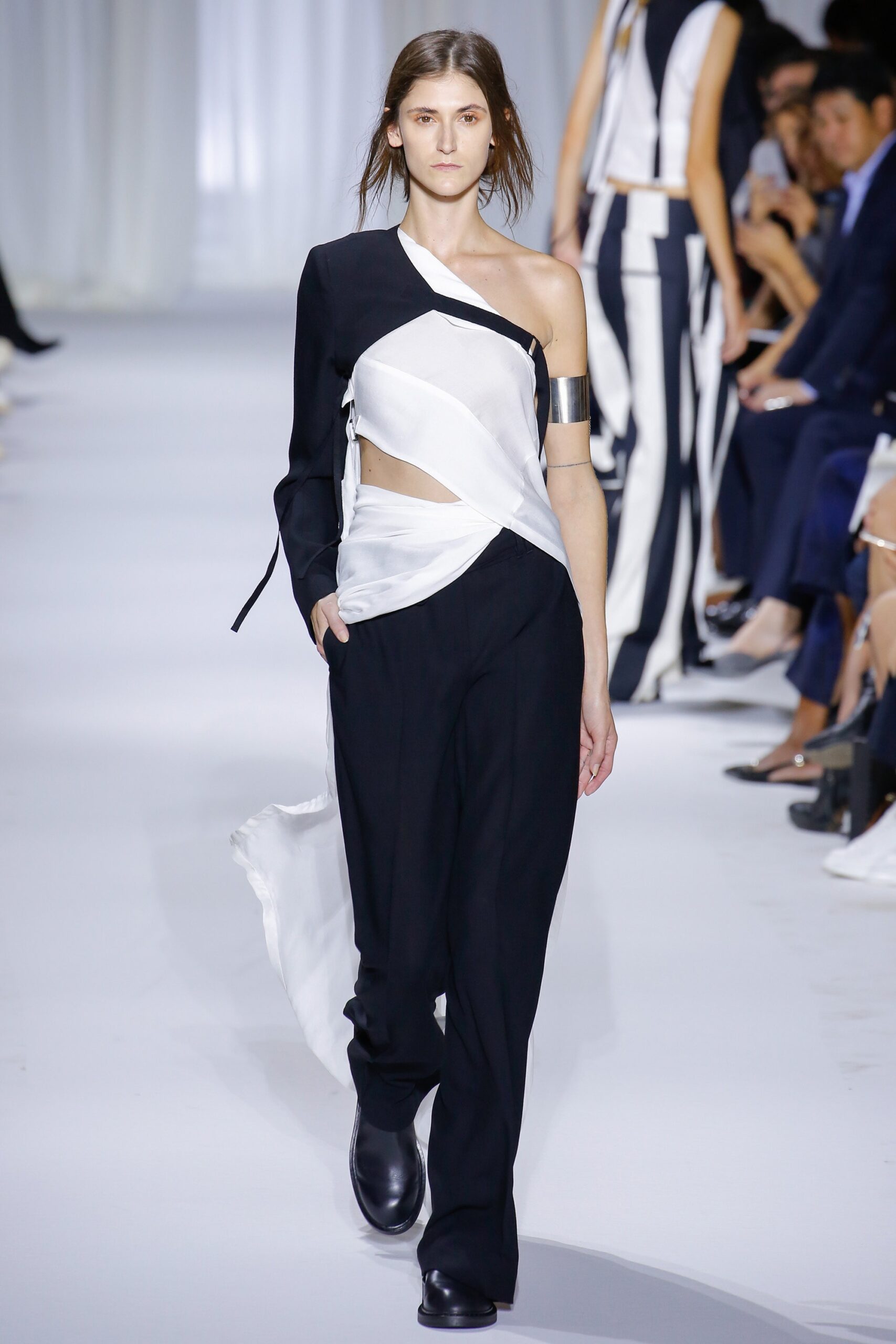 black silk sleeveless asymmetric fitted draped top