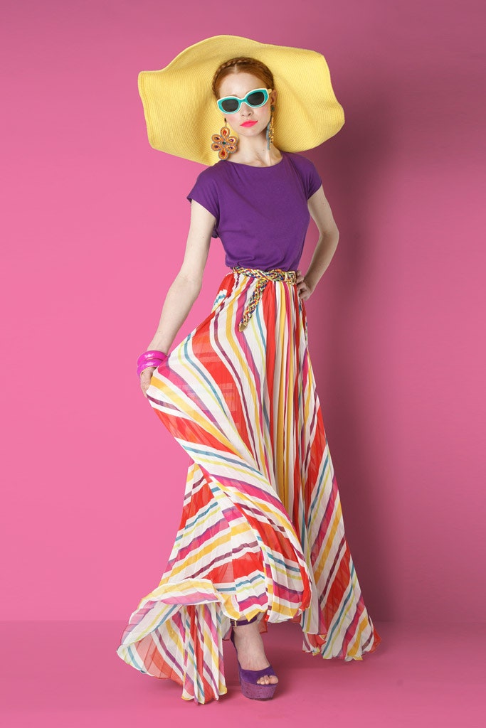 purple top with multi-striped maxi skirt