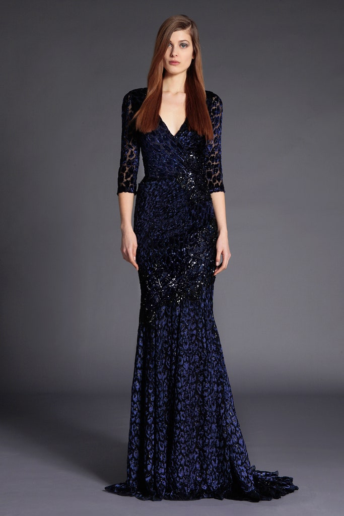 blue sequin long-sleeve gown
