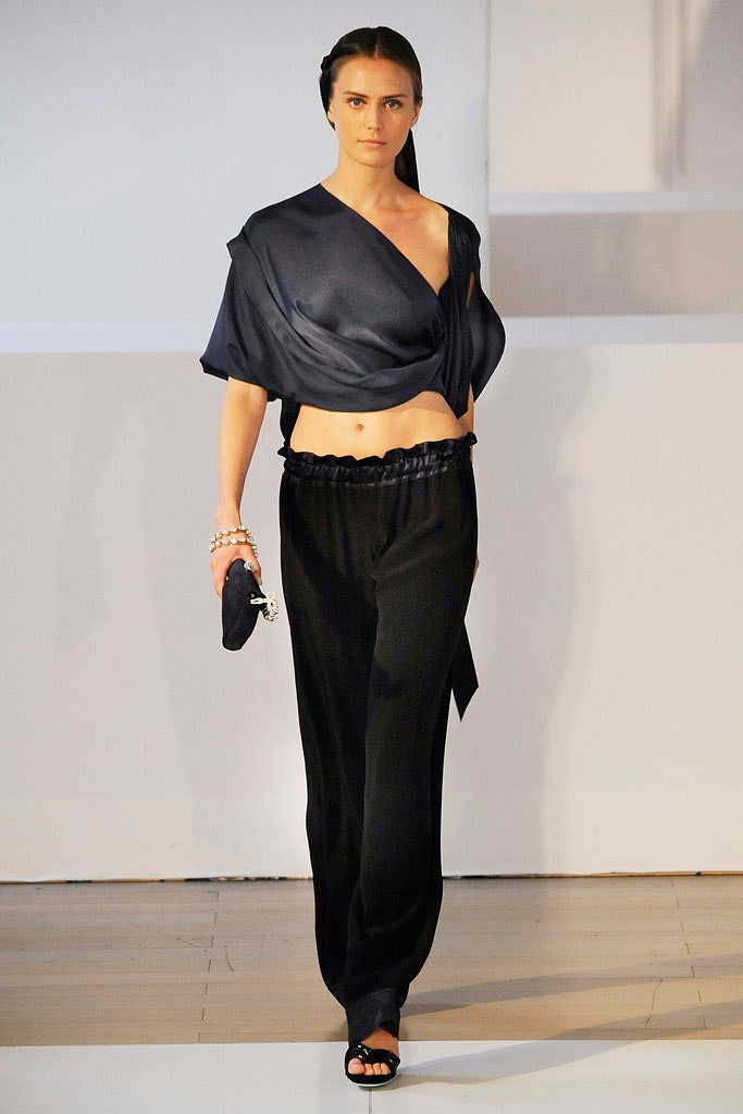 blue silk sleeveless v-neck fitted draped top