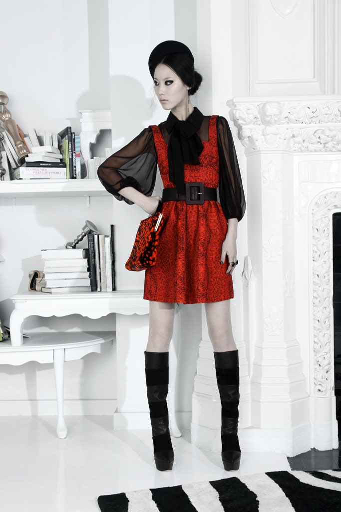 red silk long-sleeve collared fitted pleated short dress