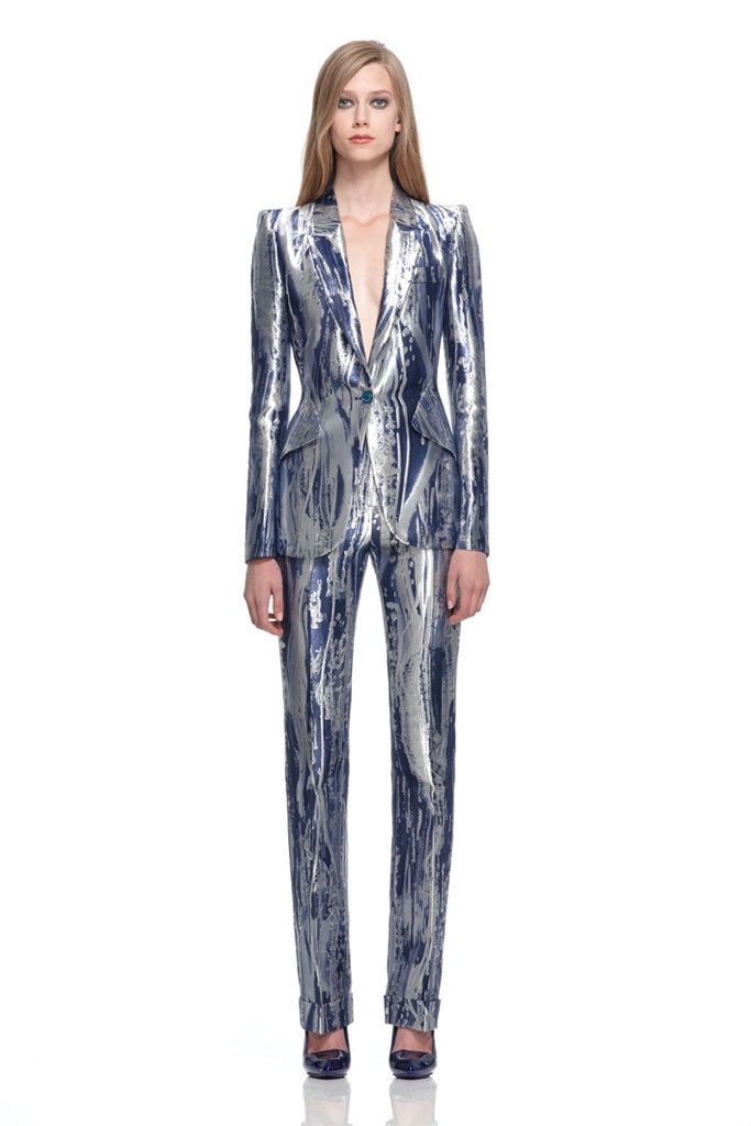 blue silver metallic tailored suit