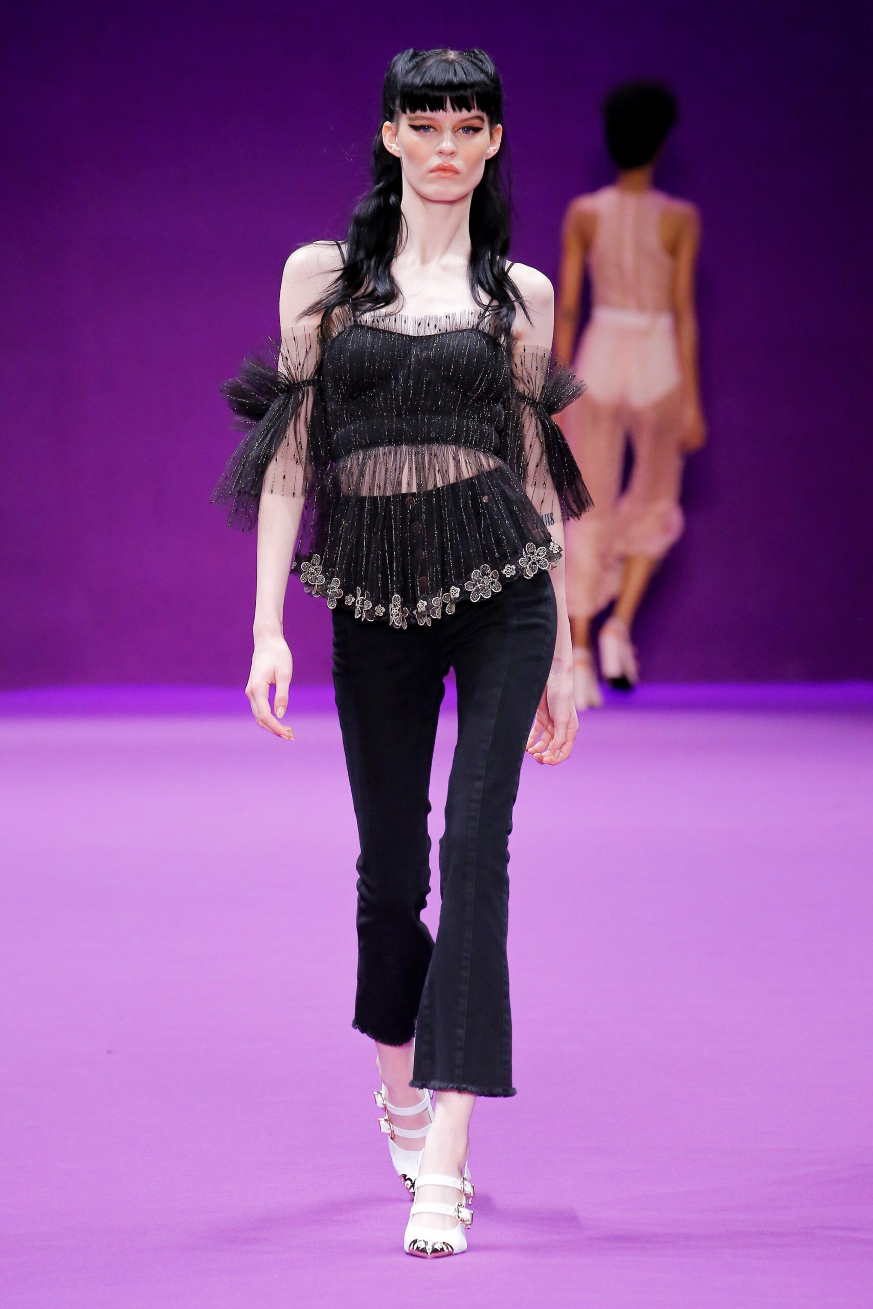 black lace sleeveless off-shoulder fitted ruffled embroidered top