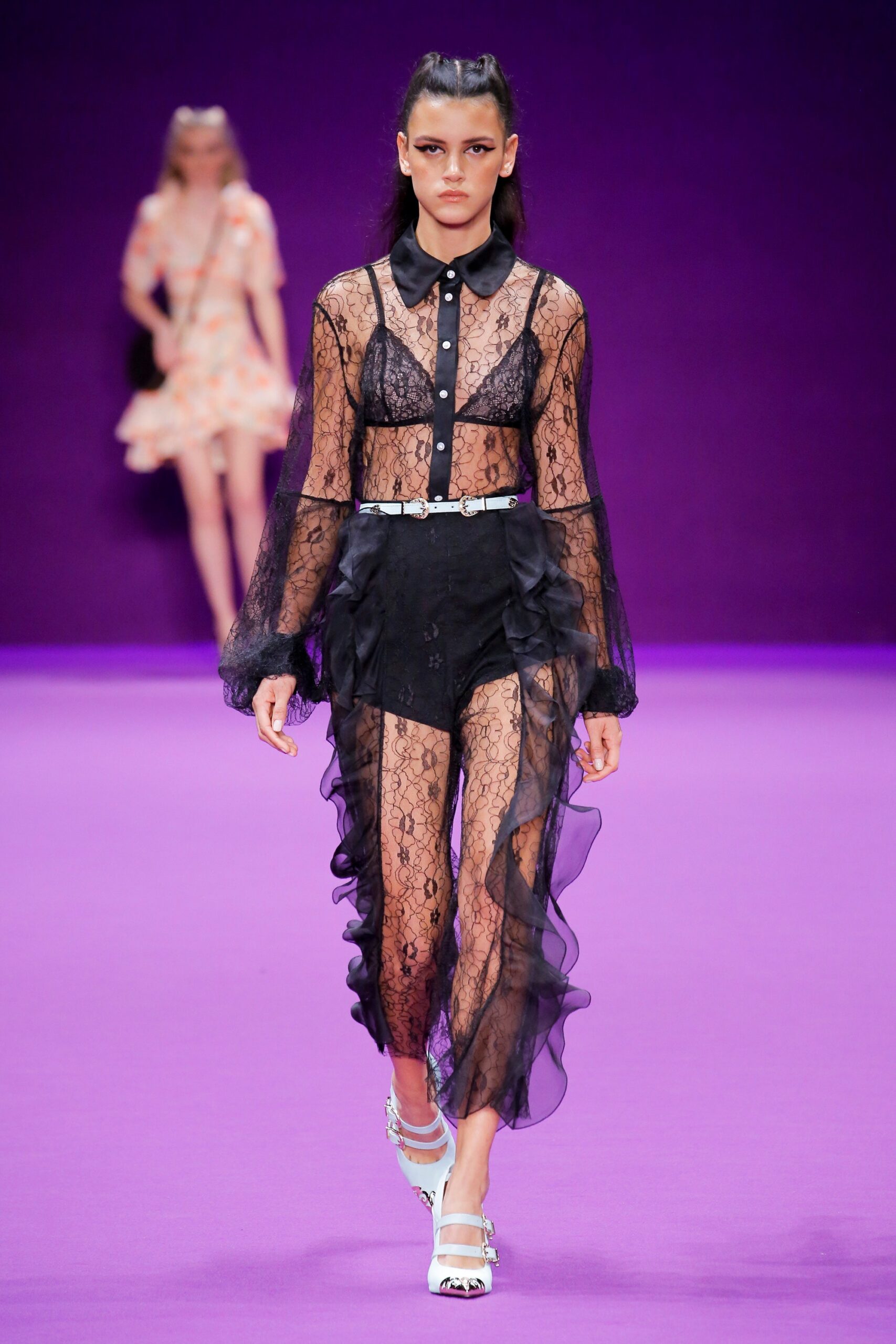 black lace long-sleeve collared fitted layered ruffled dress