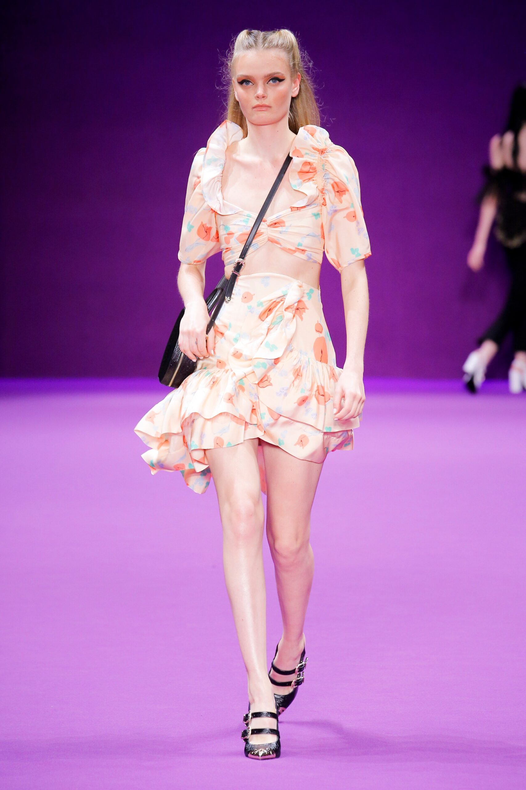 pink floral ruffled top and mini skirt