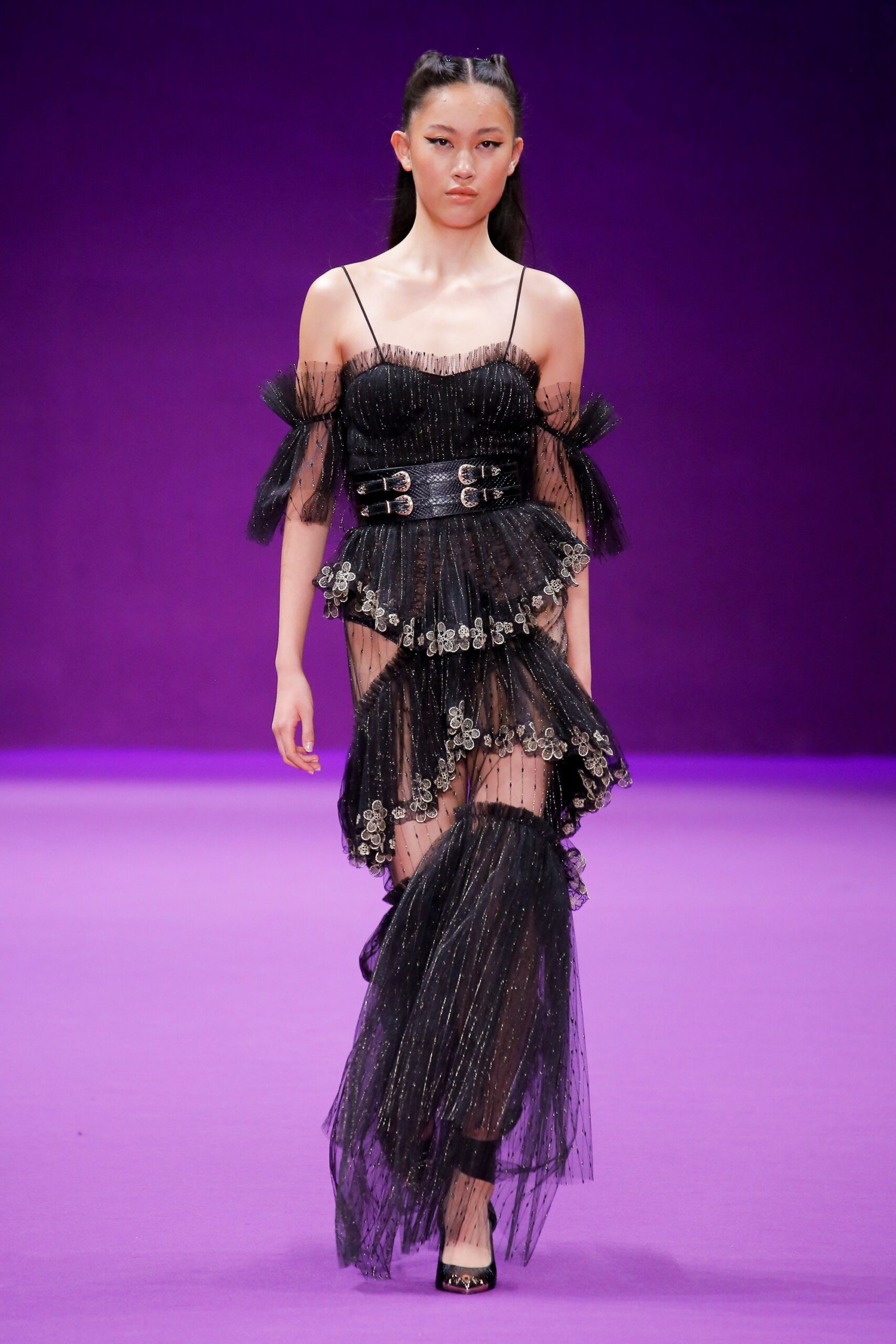 black ruffled off-shoulder dress