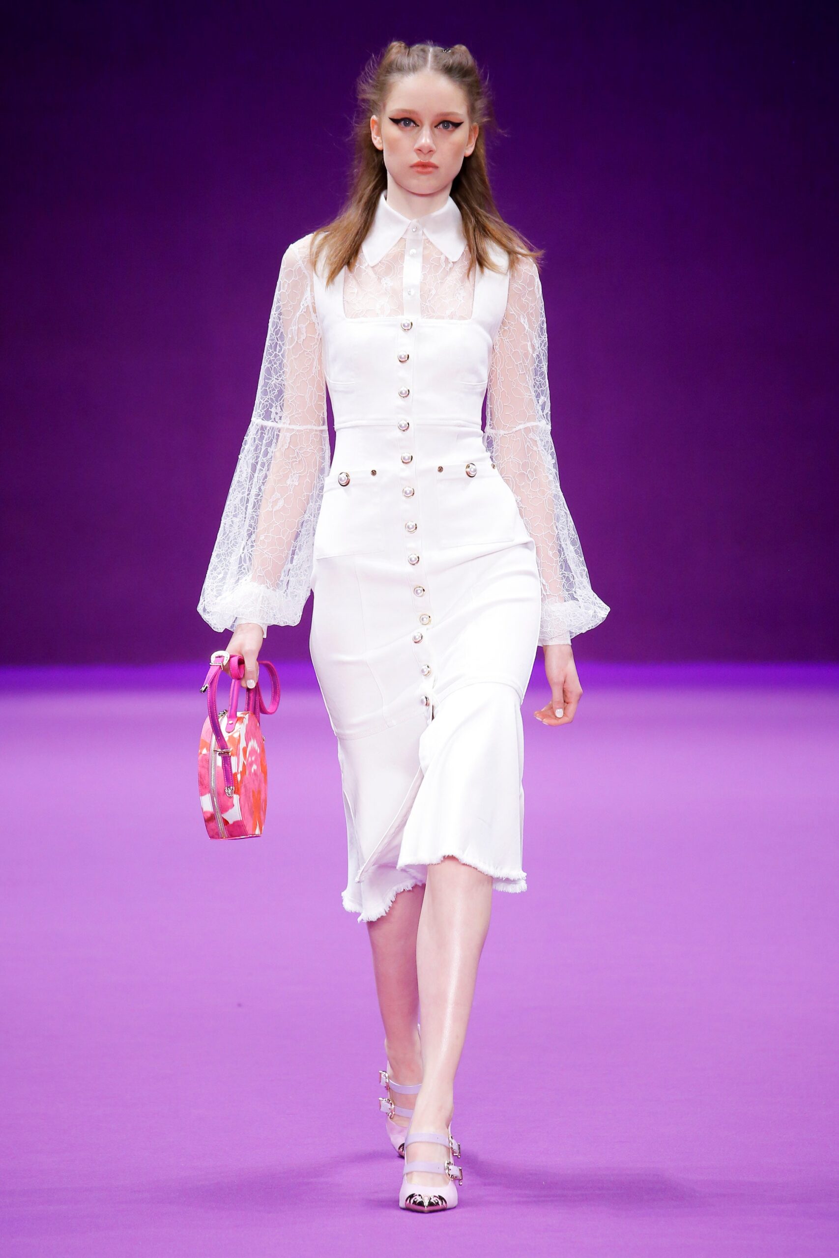 white cotton long-sleeve collared fitted buttoned pencil dress