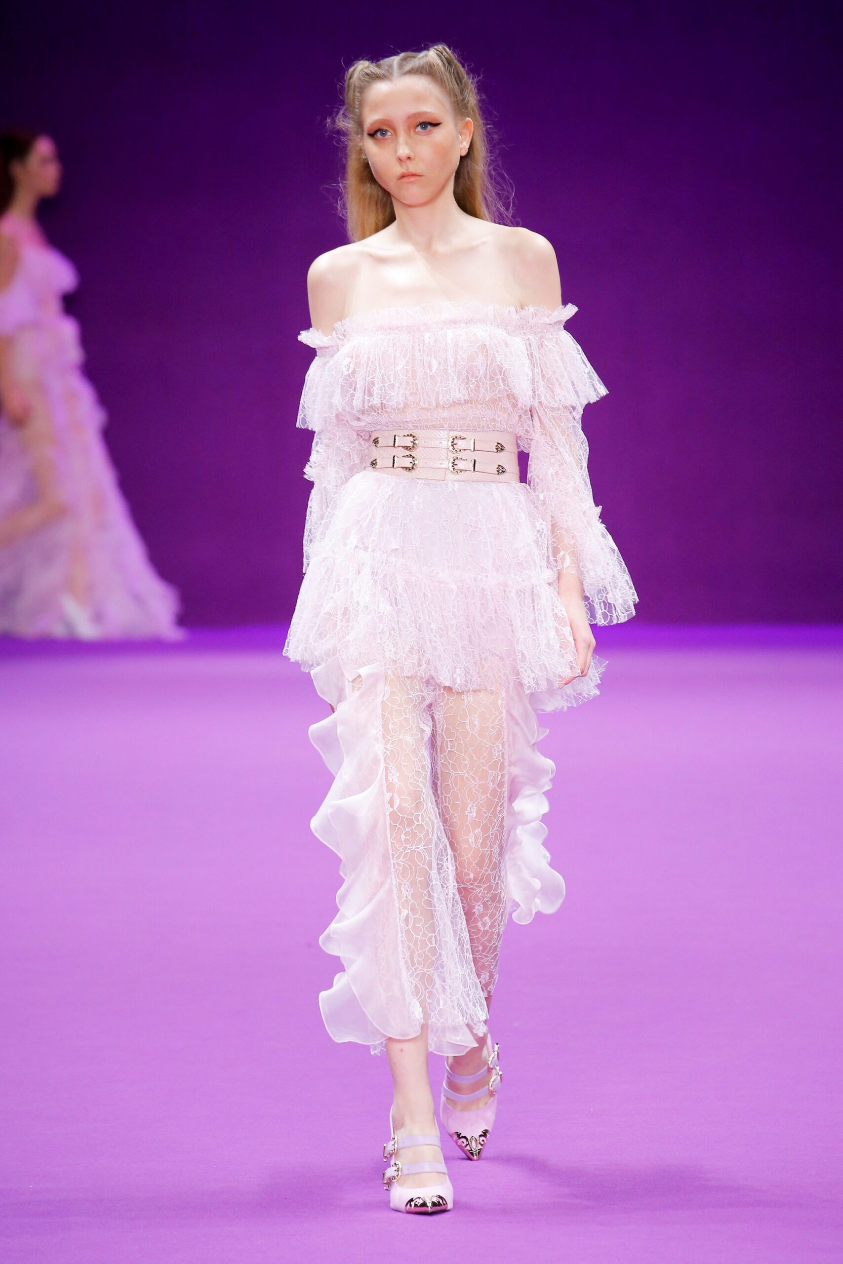 white lace off-shoulder long-sleeve fitted ruffled tiered dress