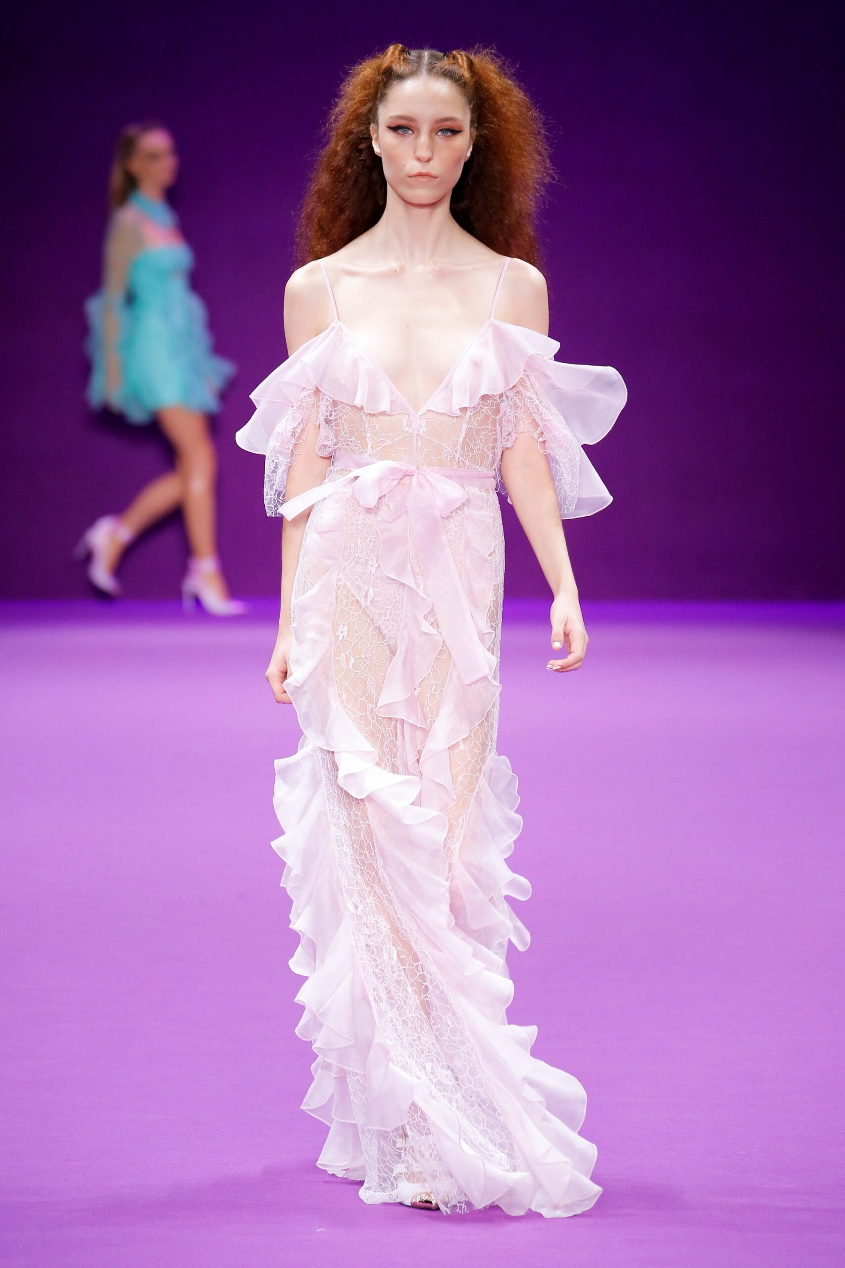 pink lace ruffled gown