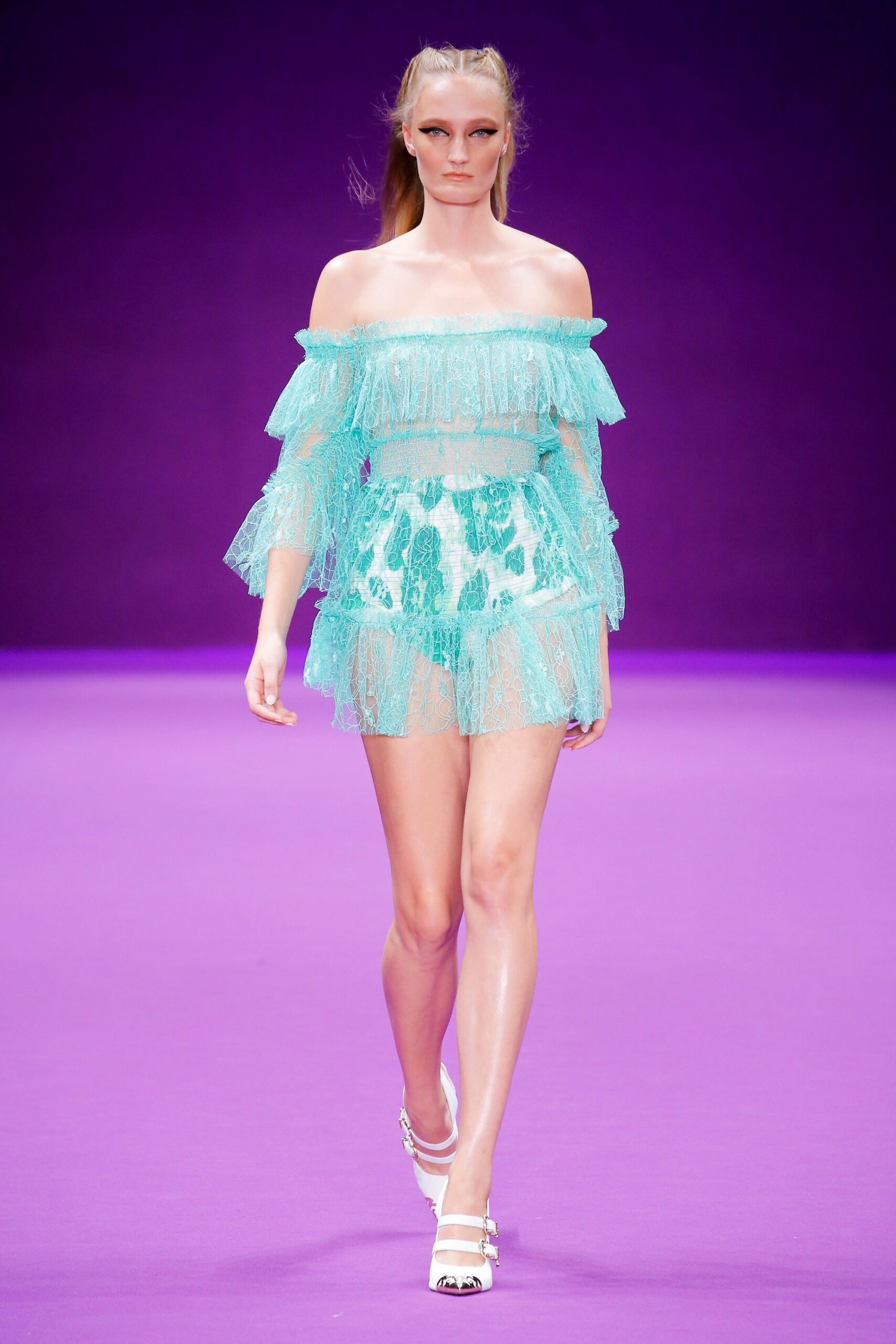 teal lace off-shoulder mini dress