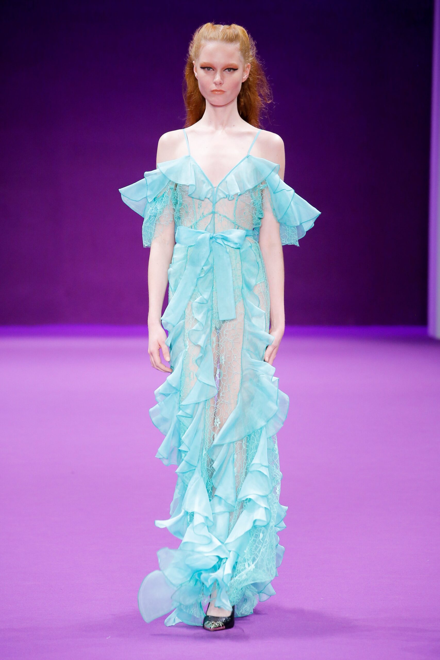 aqua lace ruffled gown