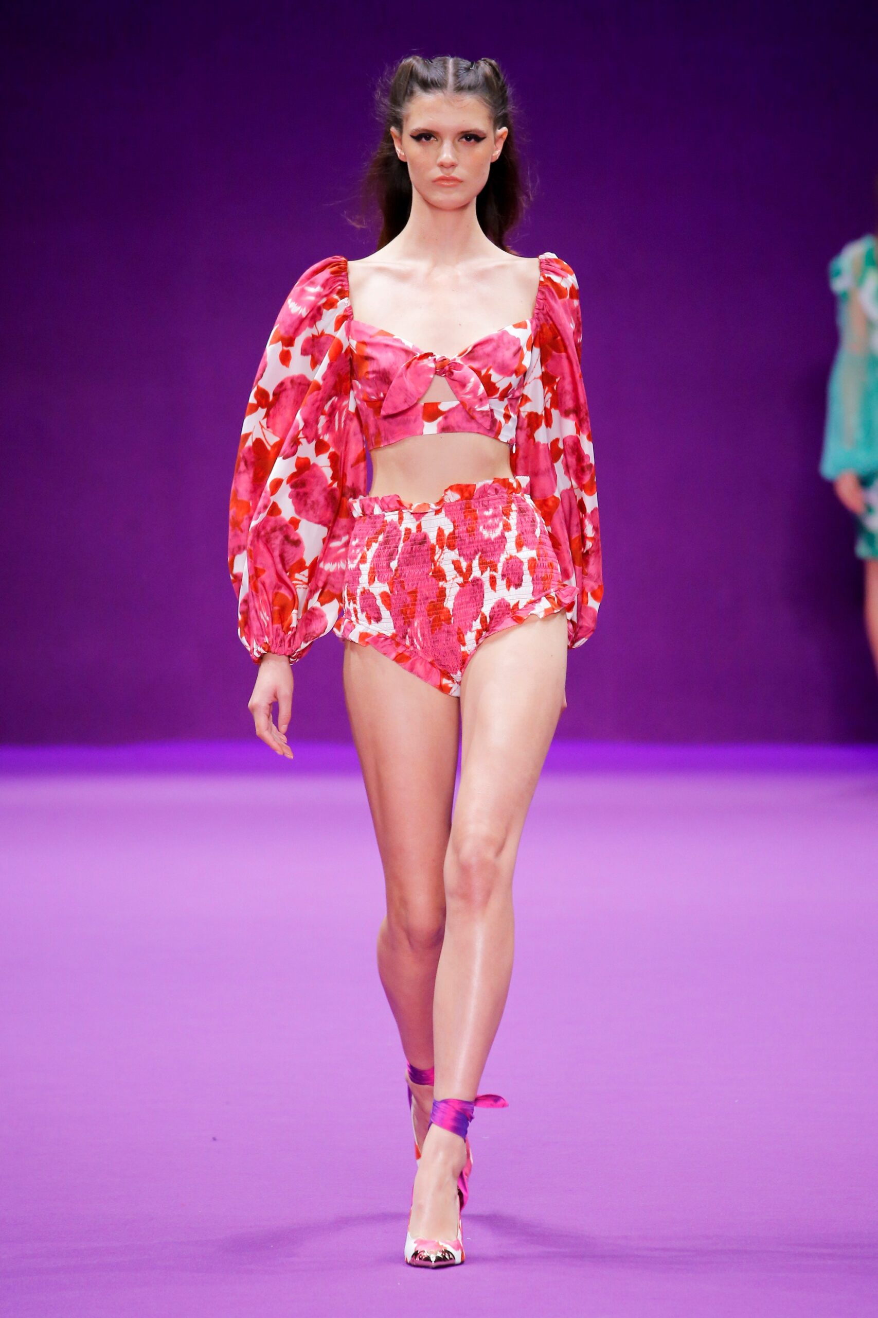 pink floral crop-top and shorts