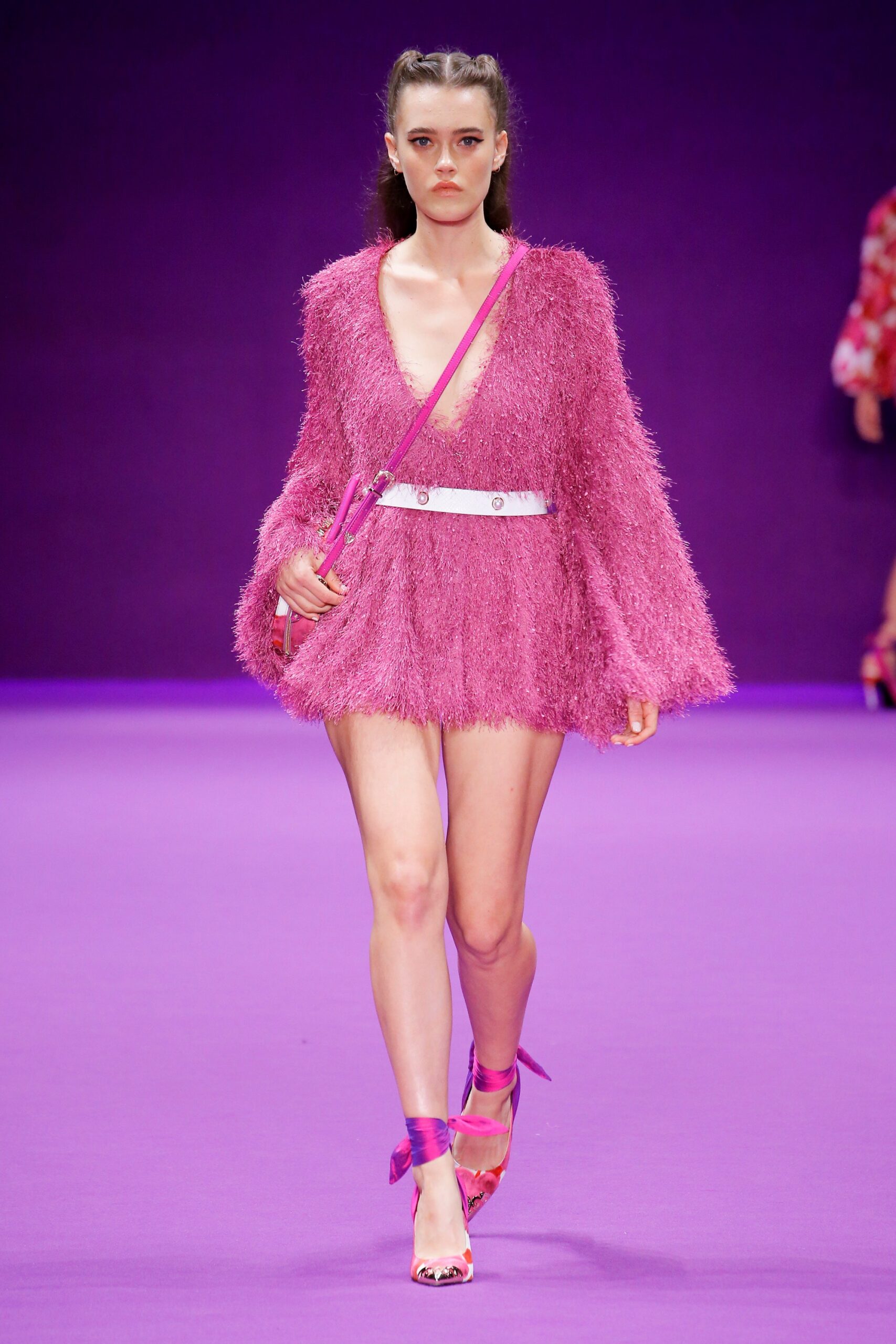 pink fur long-sleeve v-neck fitted ruffled mini dress