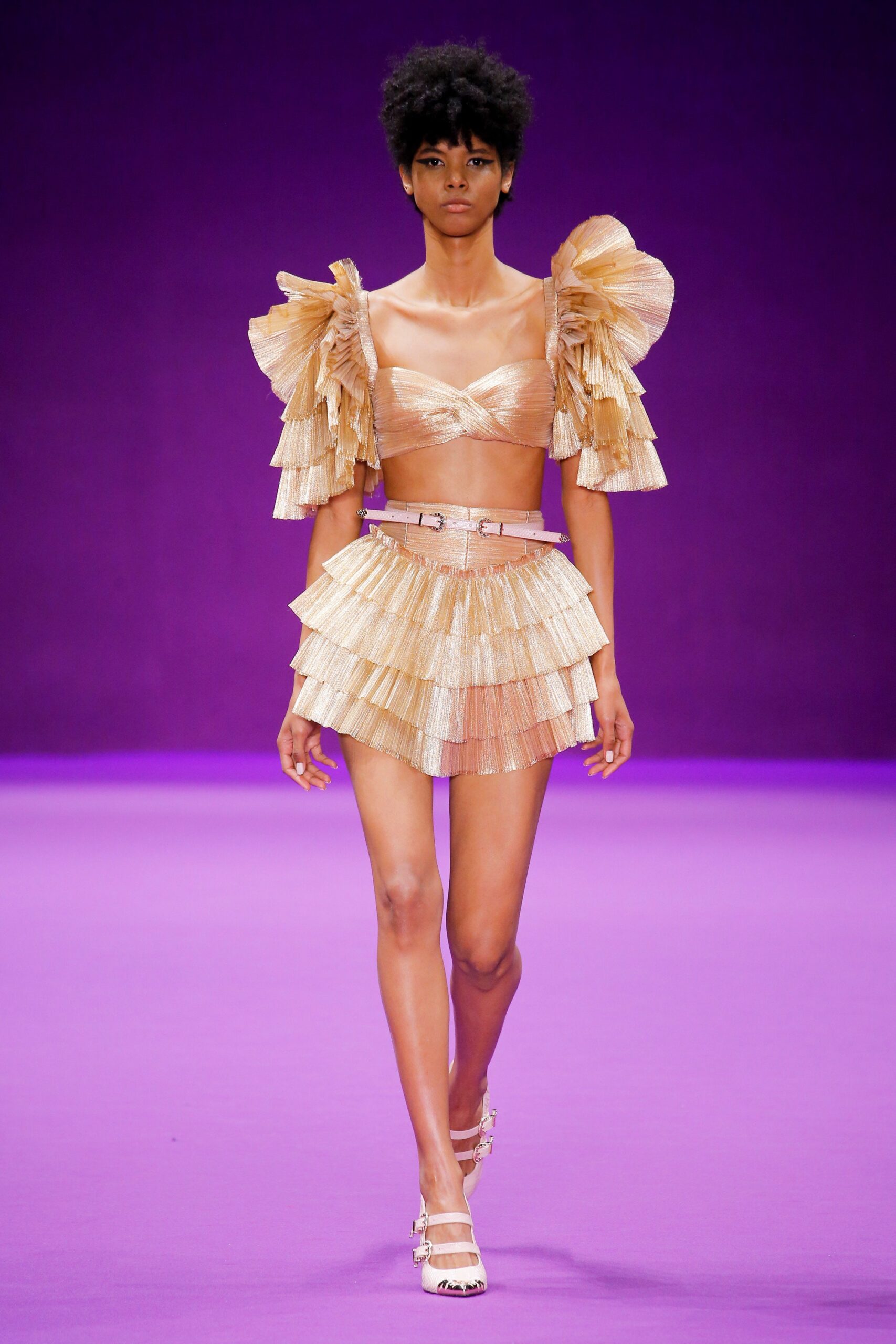 gold silk sleeveless off-shoulder fitted ruffled shiny top