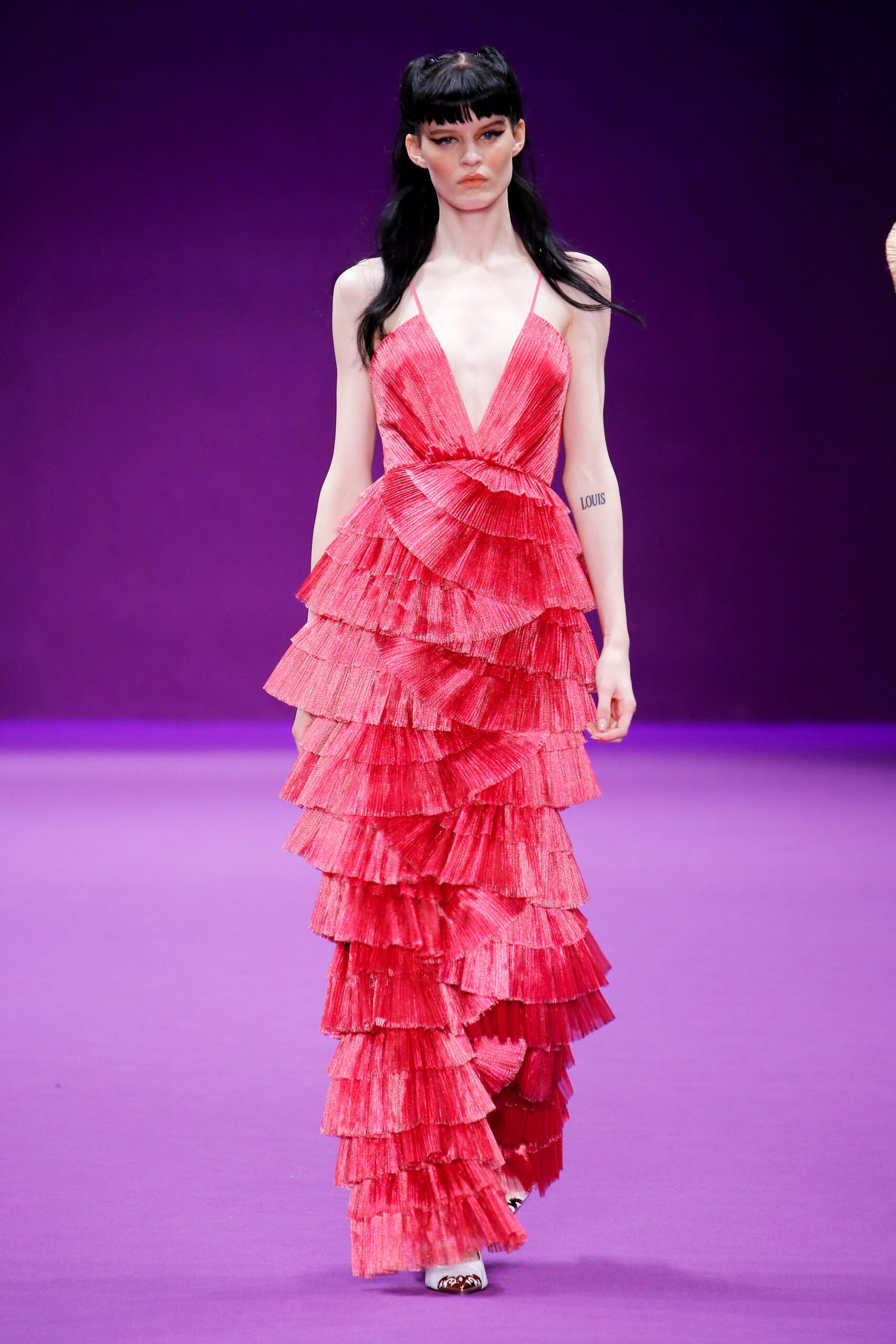 red silk tiered gown