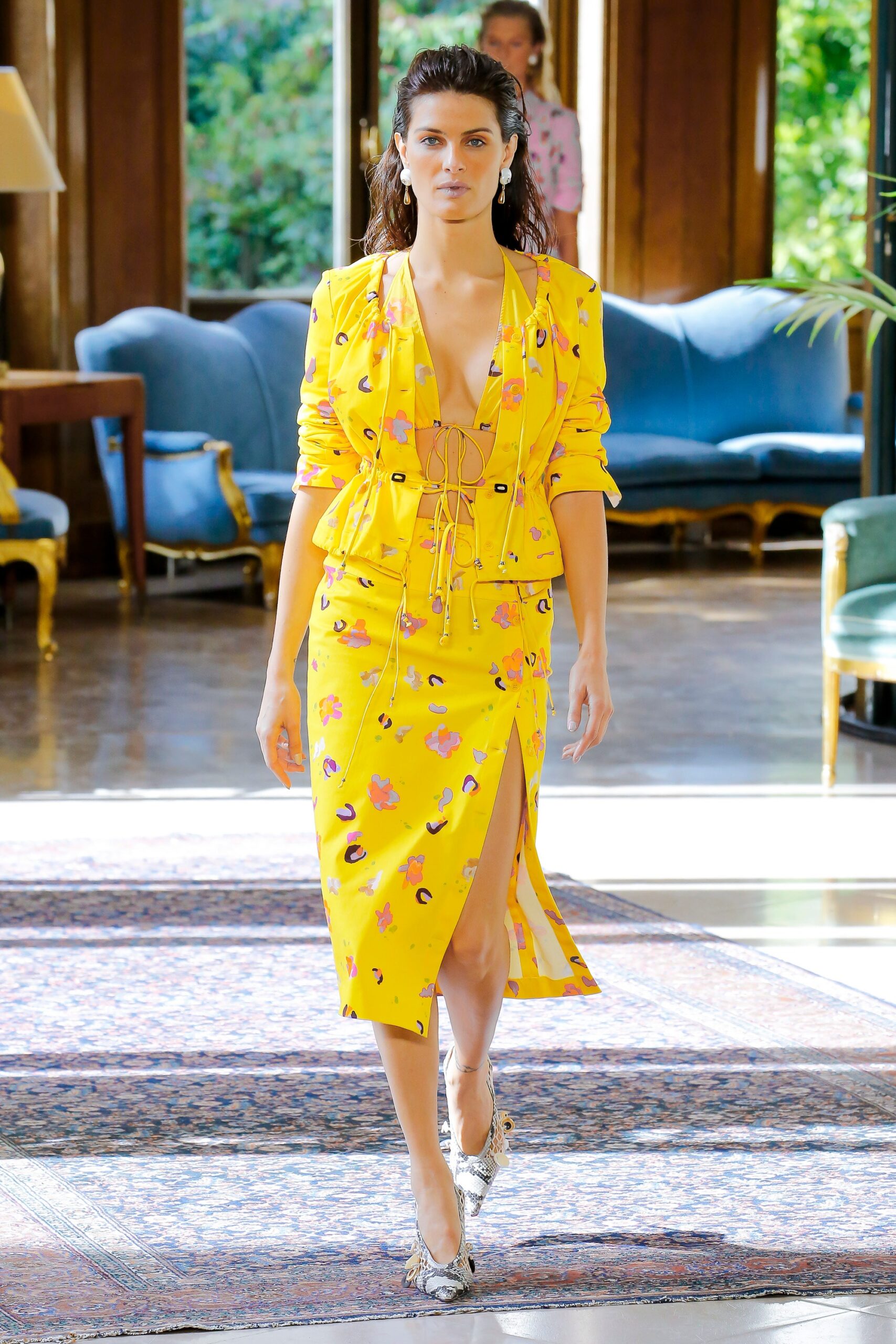 yellow printed midi dress with jacket