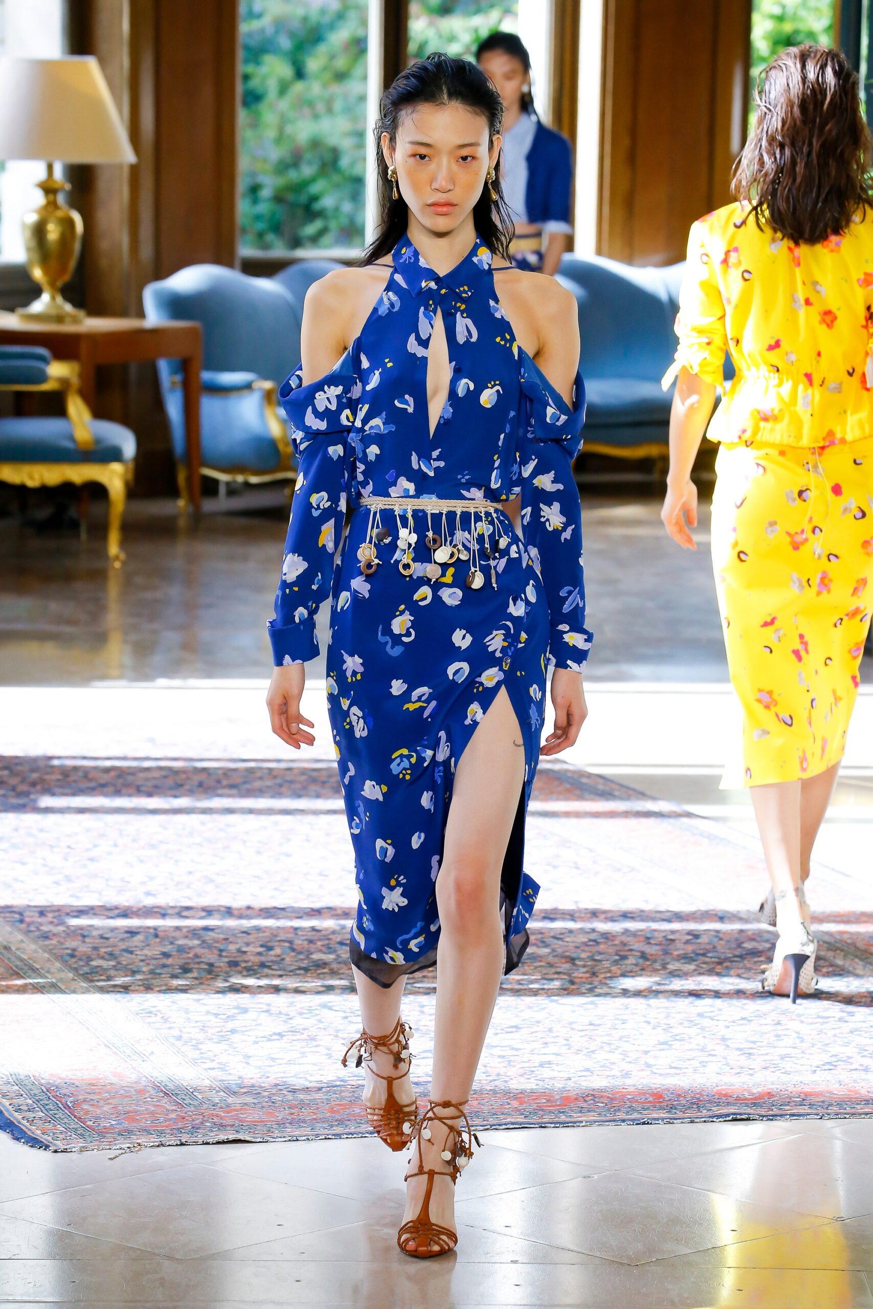 blue floral cutout midi dress