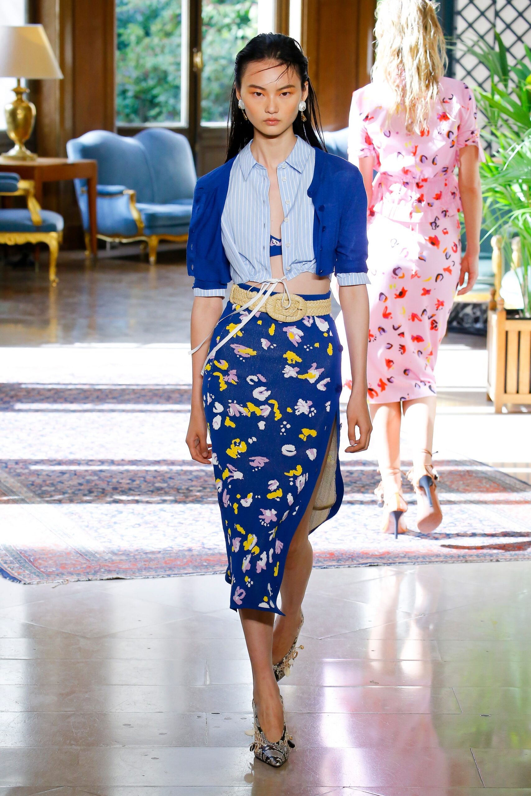 blue fitted top and midi skirt