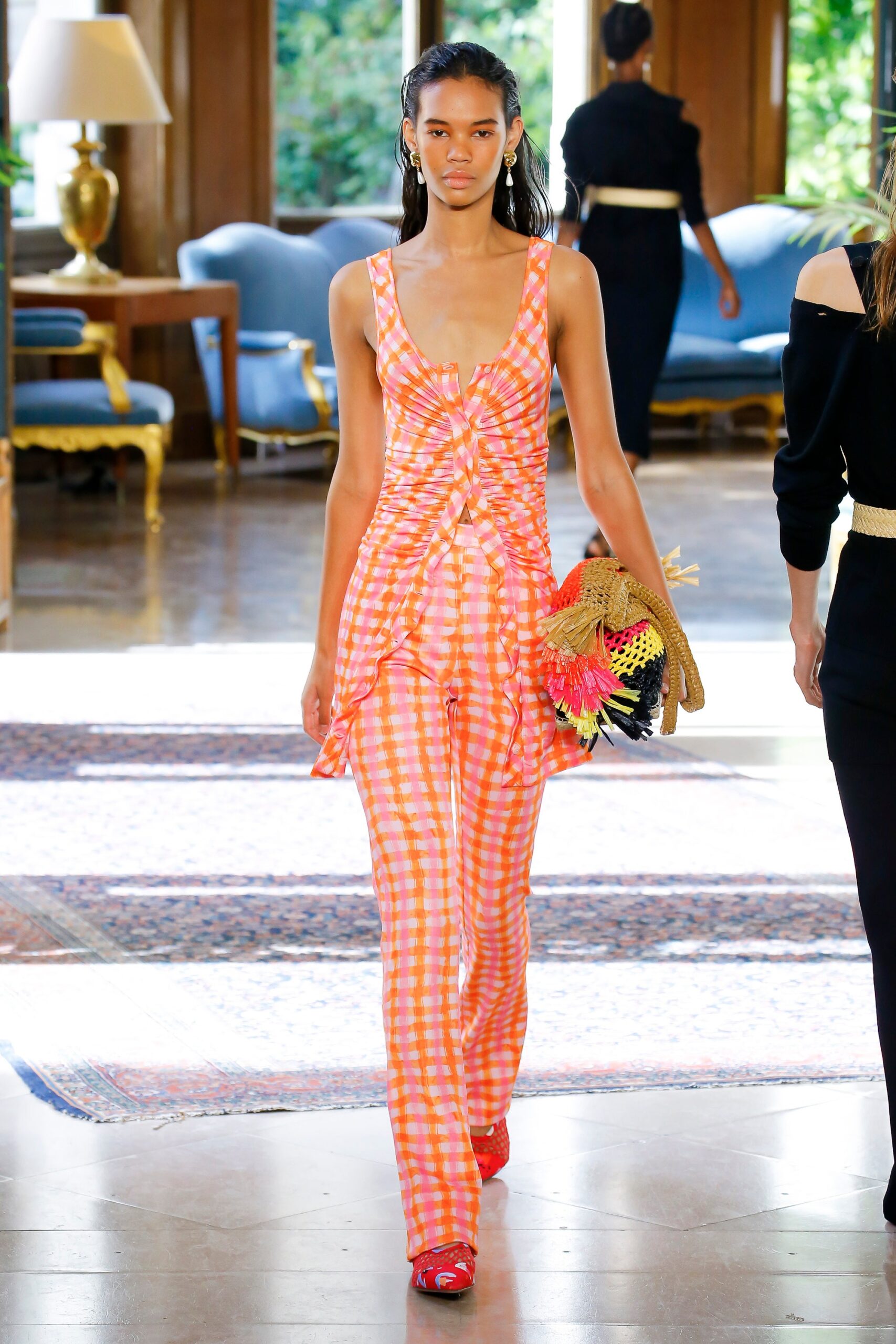 fitted orange pink jumpsuit
