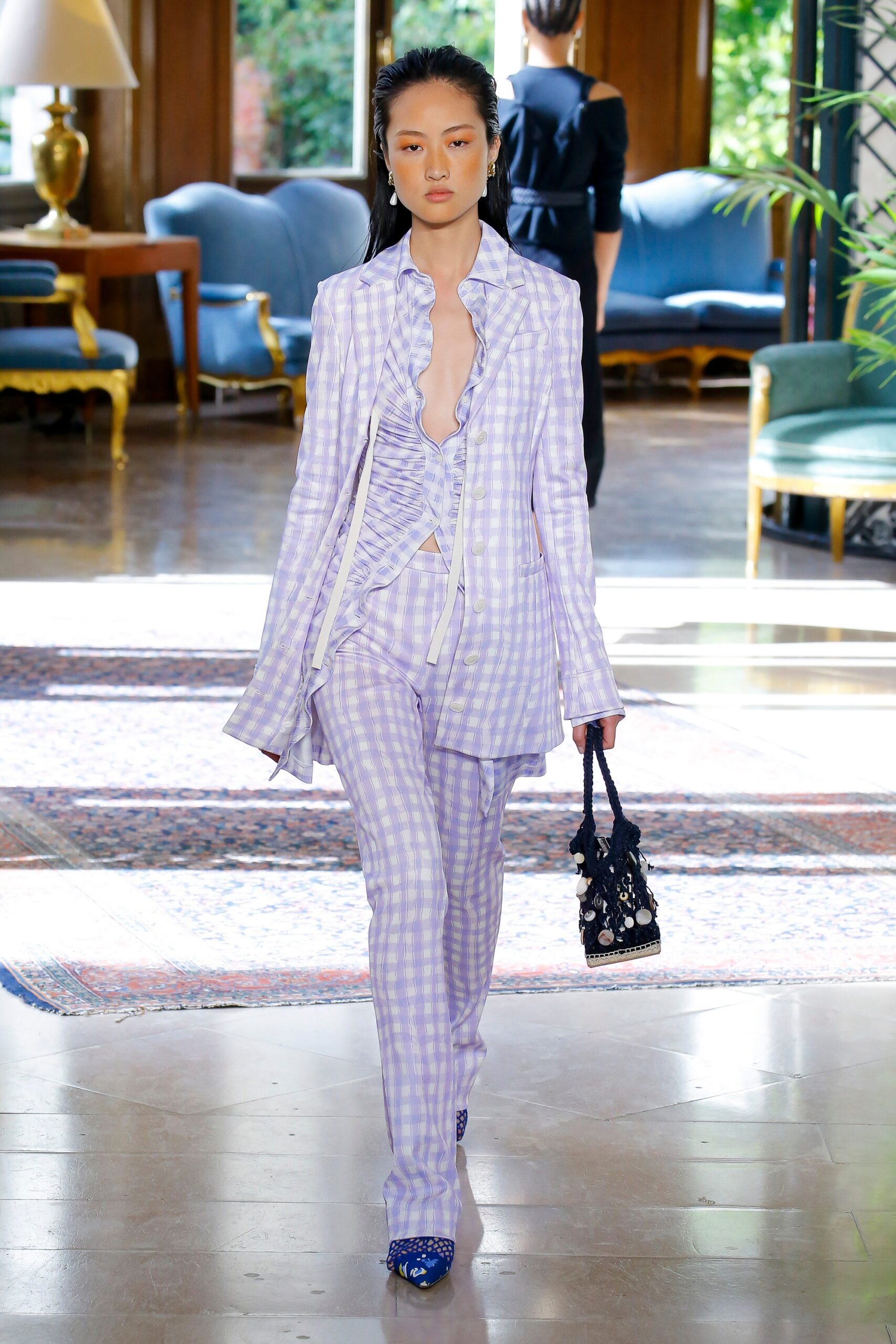 purple fitted checked pants