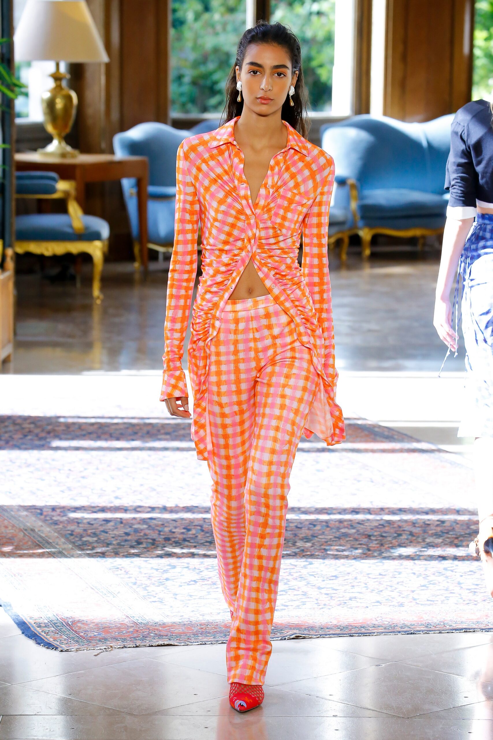 orange long-sleeve collared fitted checked draped shirt