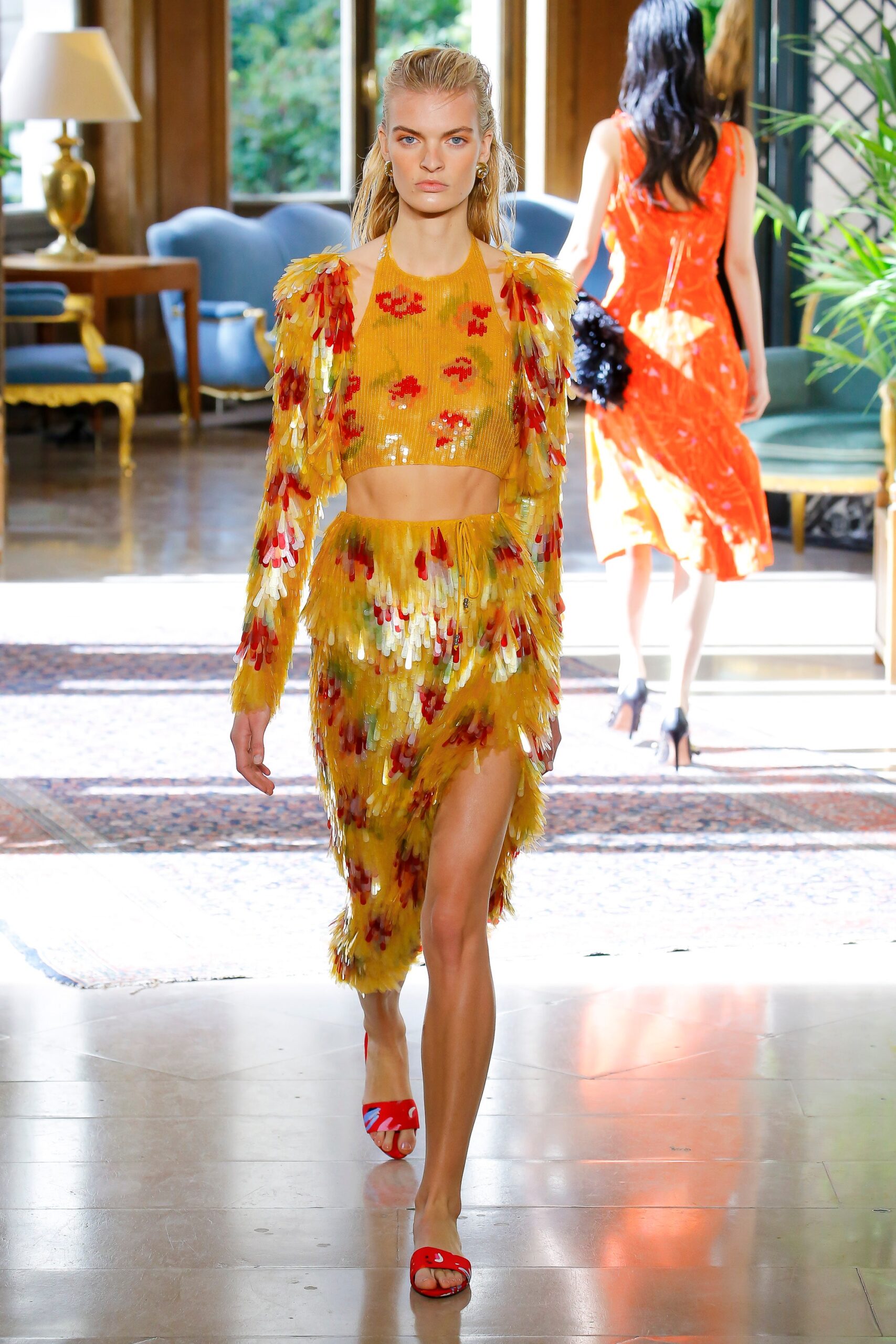 yellow cotton slit fitted high-waisted floral fringed skirt