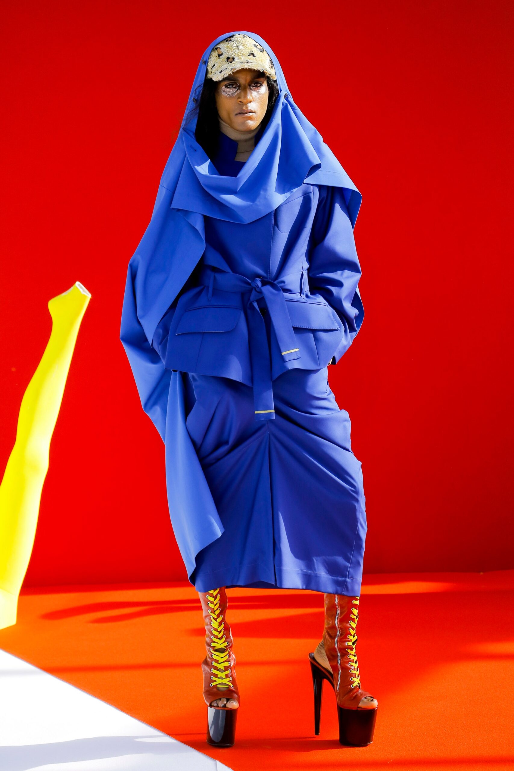 blue hooded midi dress with red heels