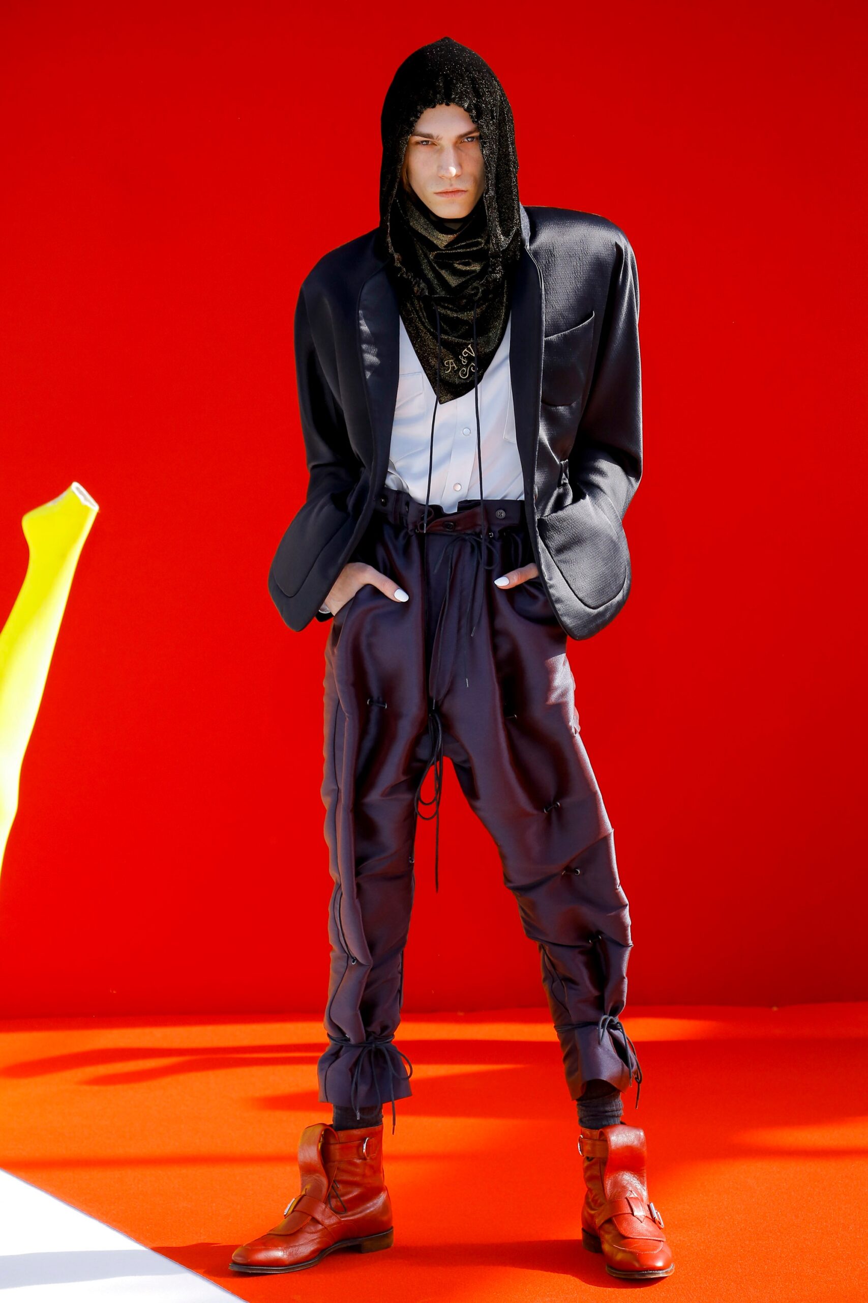 black silk long-sleeve collared structured buttoned jacket