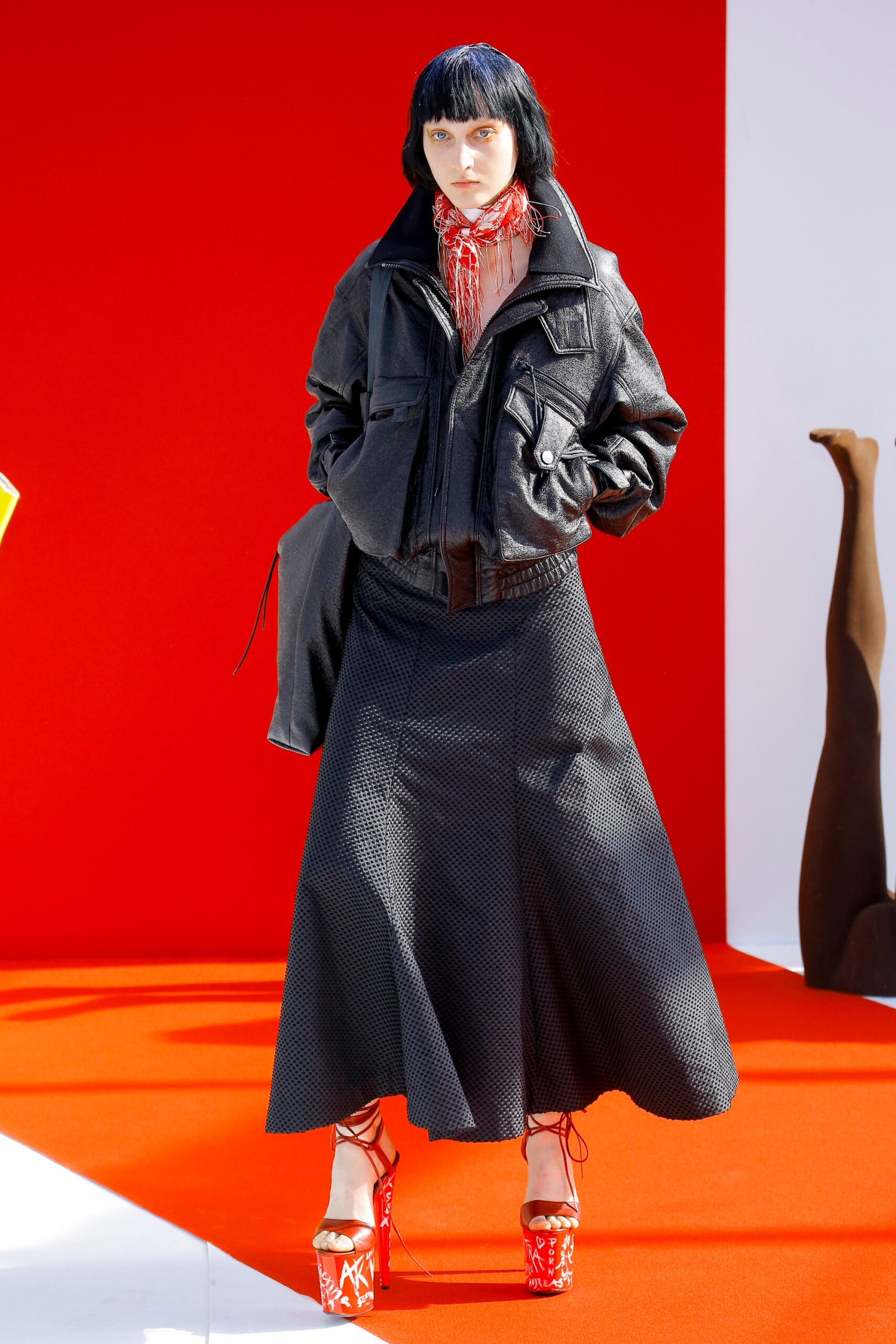 black denim jacket and midi skirt