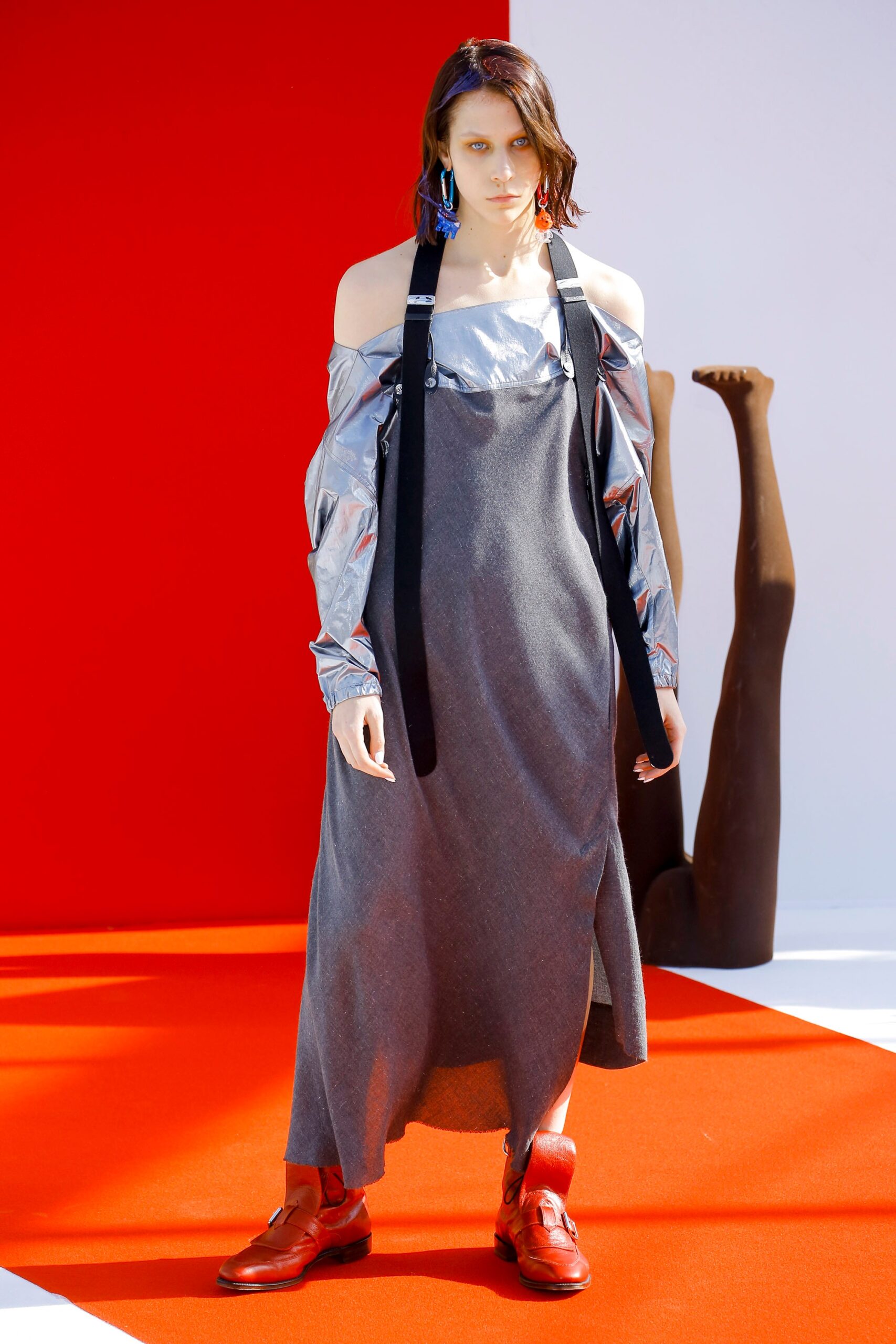 gray wool sleeveless v-neck fitted maxi dress